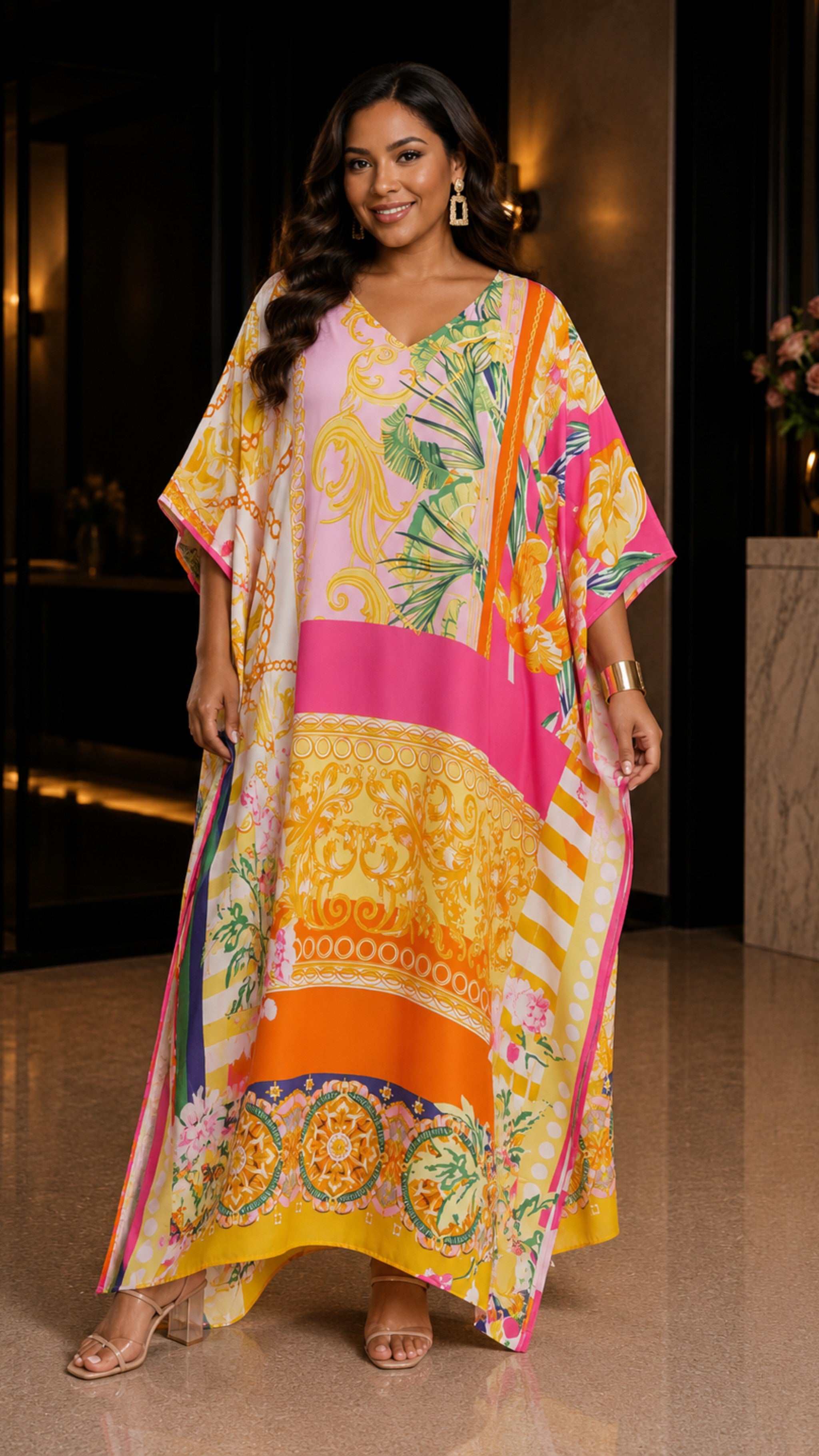 The Yellow Florals Kaftan Dress Lounge Wear One Size fit All S to 3XL
