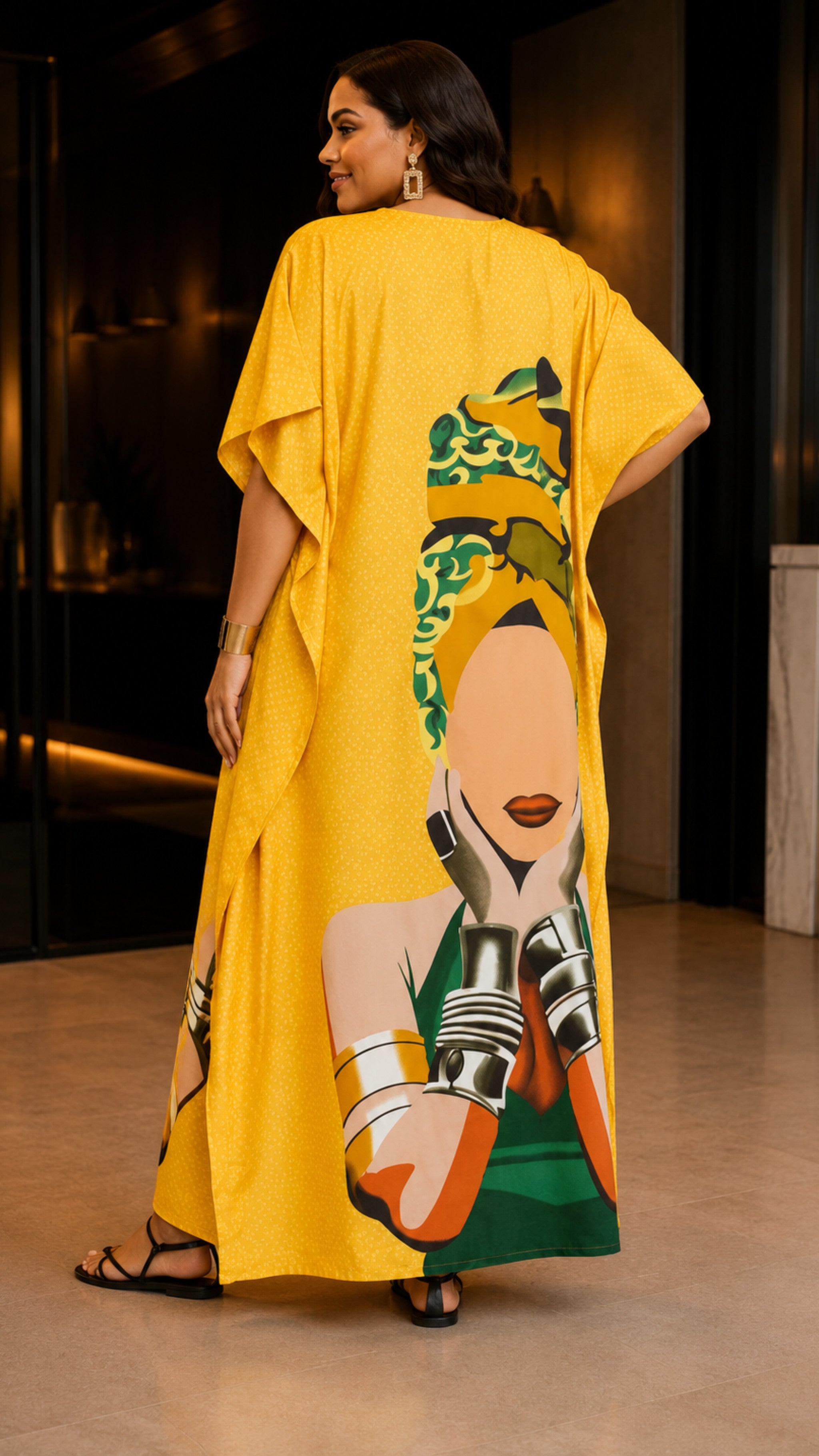 The Lady with the Wrap Yellow Kaftan Dress Lounge Wear One Size fit All S to 3XL
