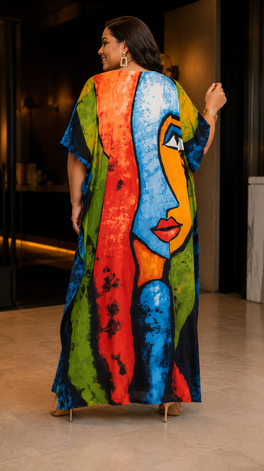 Multi Color Lady Illustration Kaftan Dress Lounge Wear One Size fit All S to 3XL