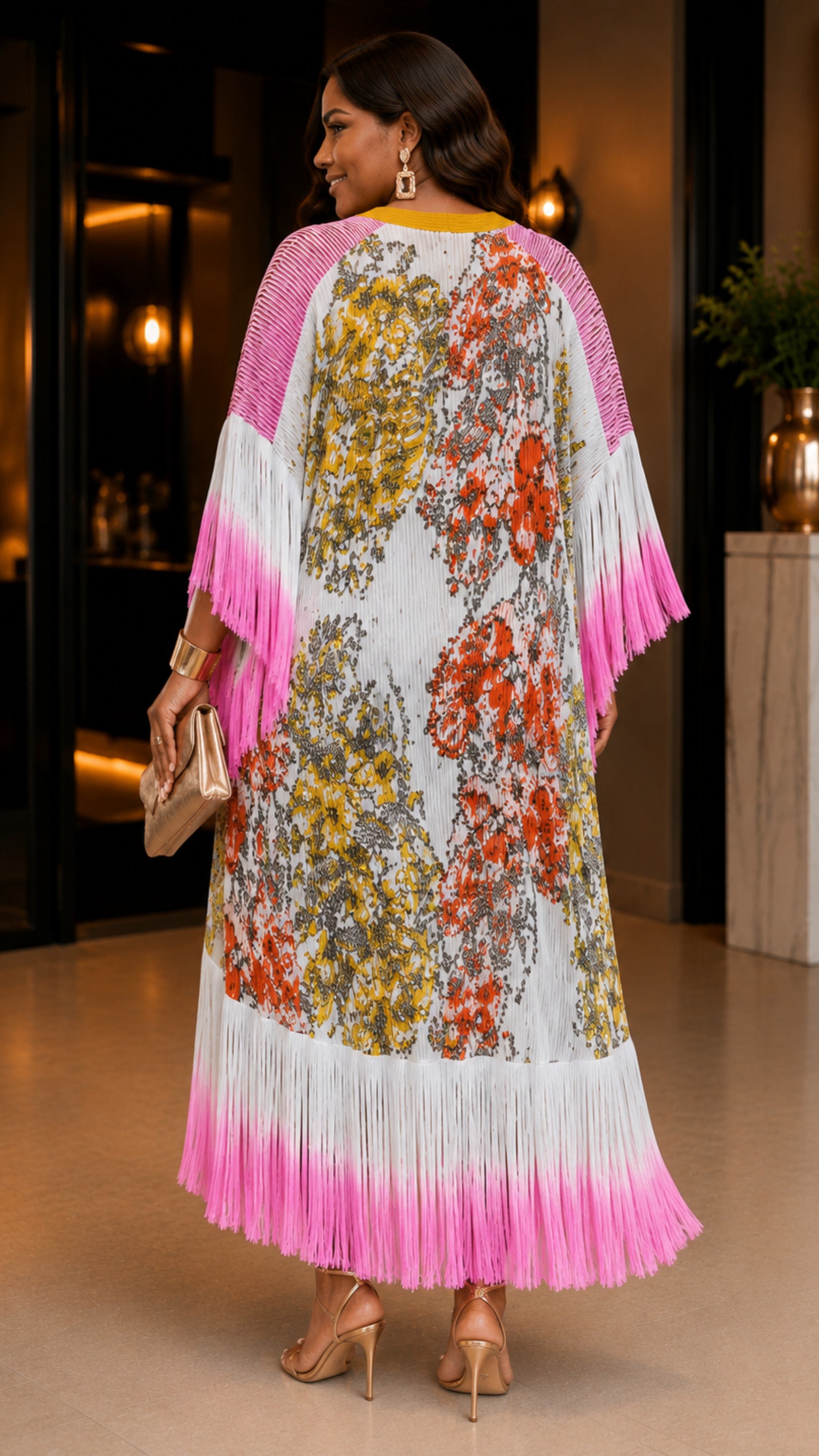 Sunset Bloom Fringe Kaftant Dress One Size Fit All