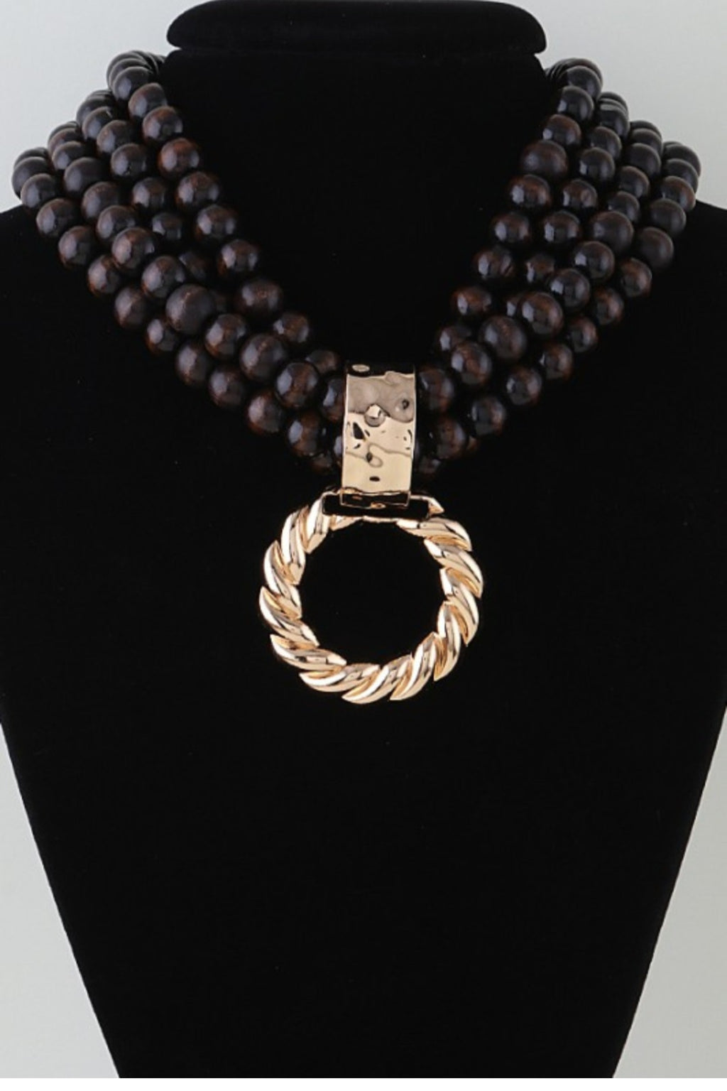 Multi-Strand Wooden Bead Gold Twist Loop Pendant Necklace