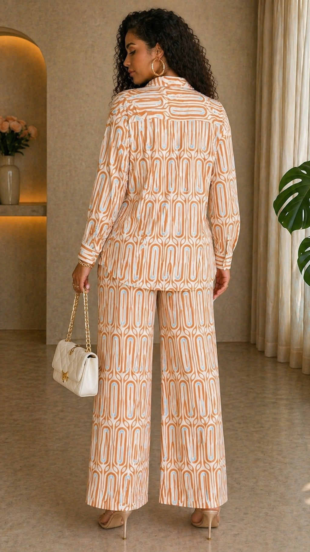 Orange Long Sleeve Printed Blouse and Wild Legs Pant Set