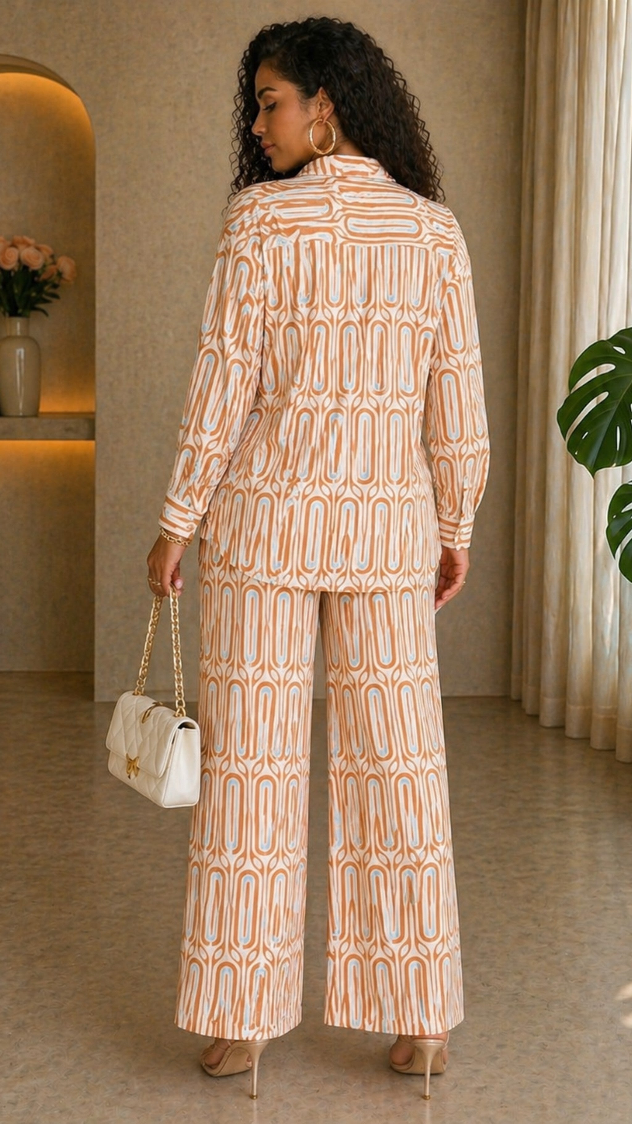 Orange Long Sleeve Printed Blouse and Wild Legs Pant Set