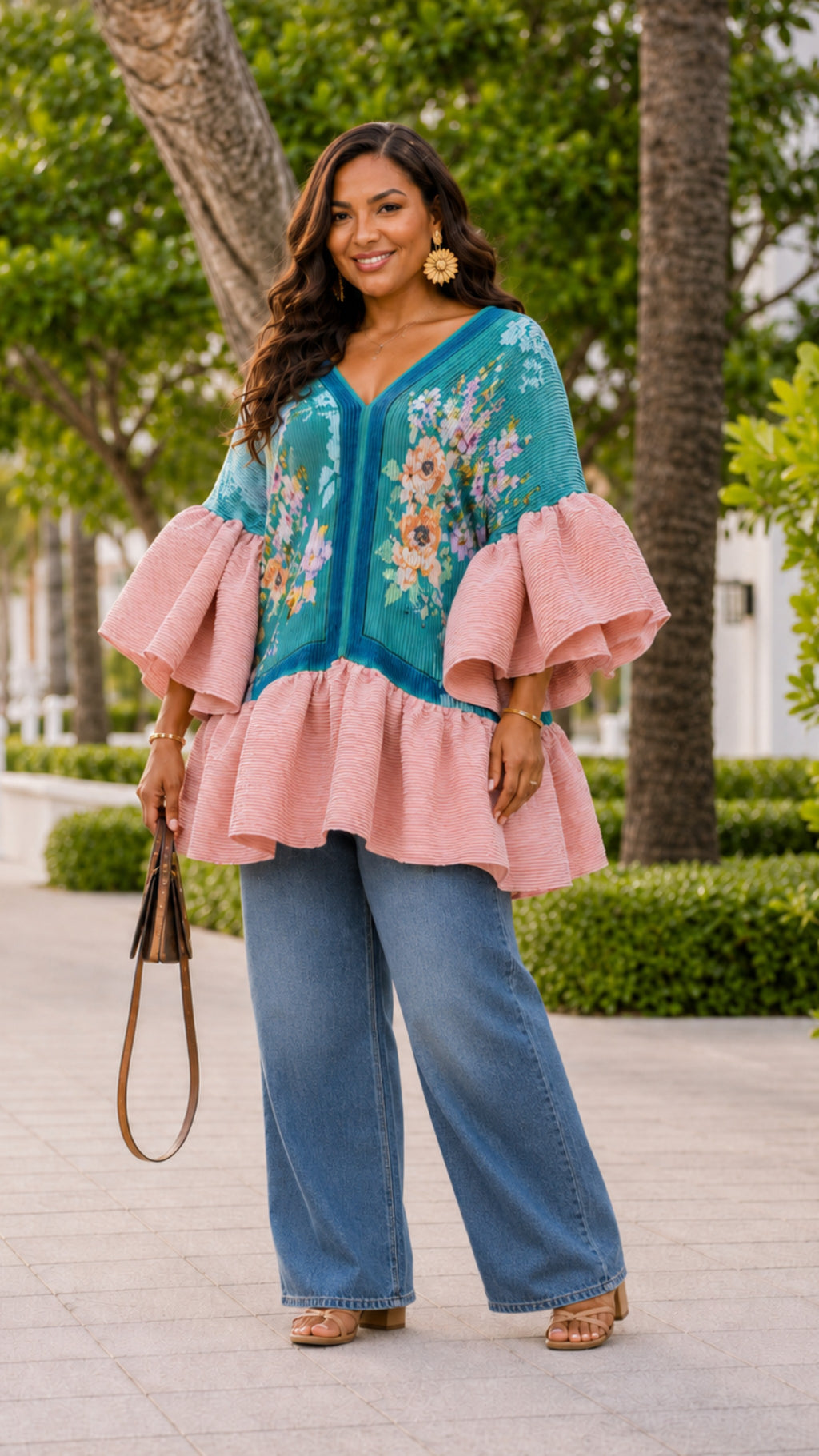 The Teal & Pink Garden Ruffle Pleated Dress/Top One Size fit All
