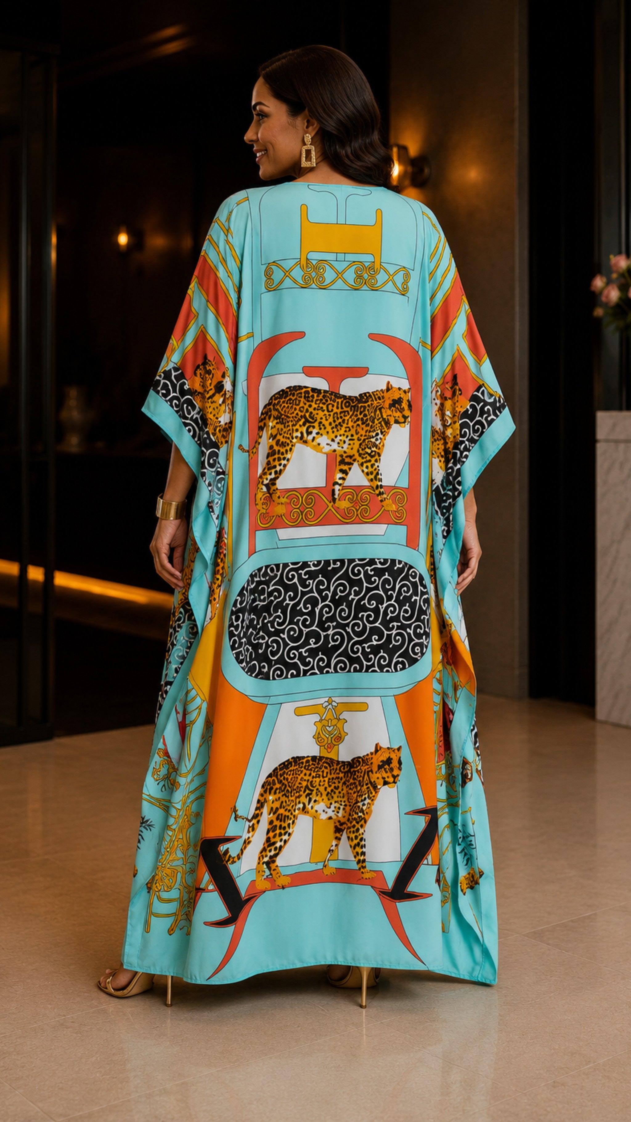 Turquoise Animal Printed Kaftan Dress Lounge Wear One Size fit All S to 3XL