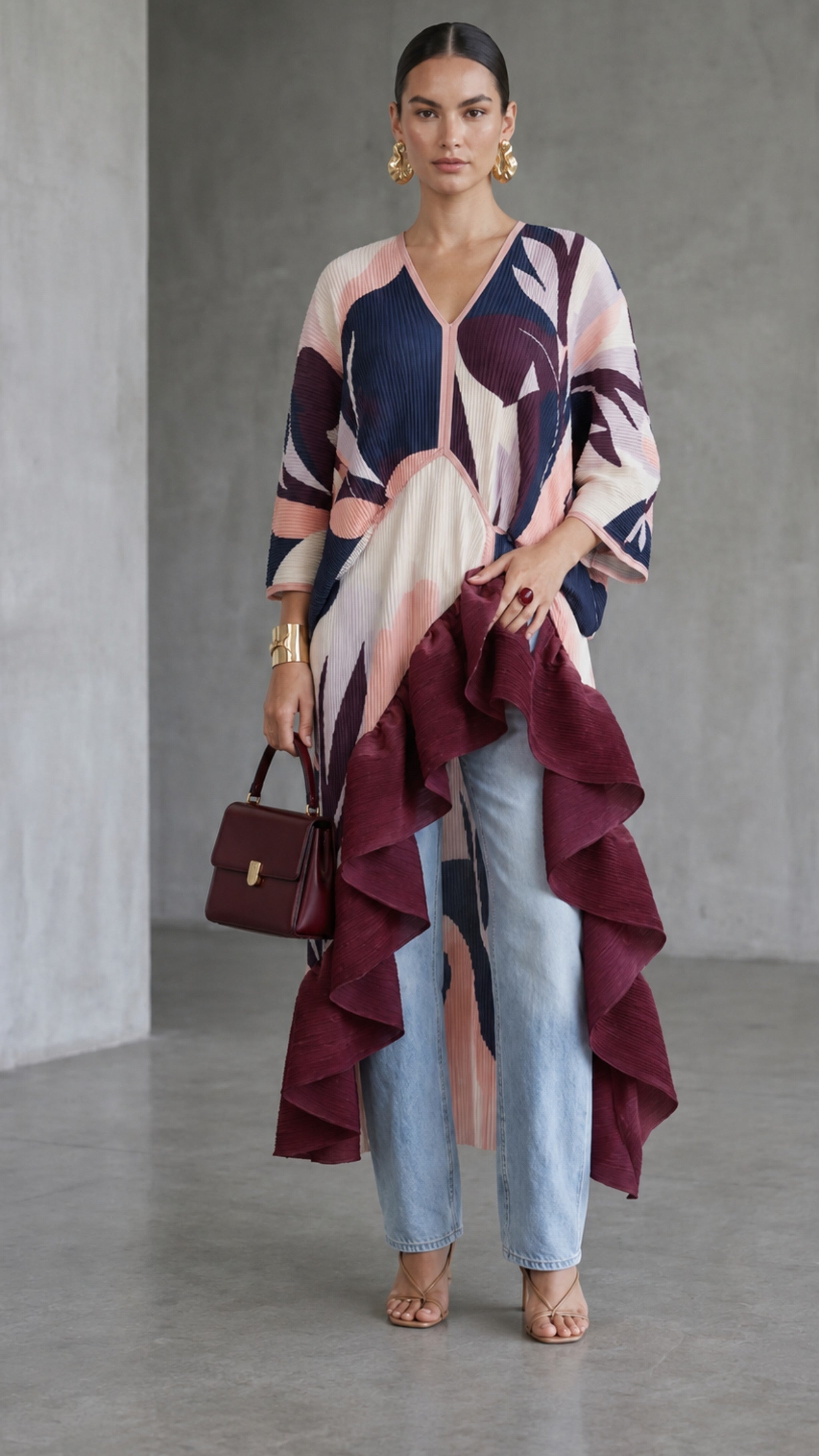 Burgundy Abstract Pleated Ruffle Maxi Dress/Top