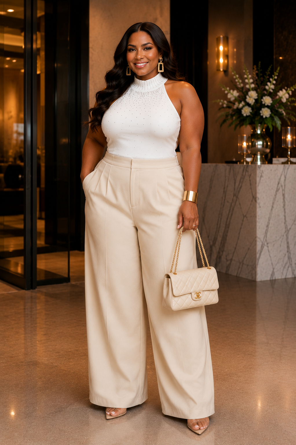 Off White Halter Neck Rhinestone Detail Tank Top