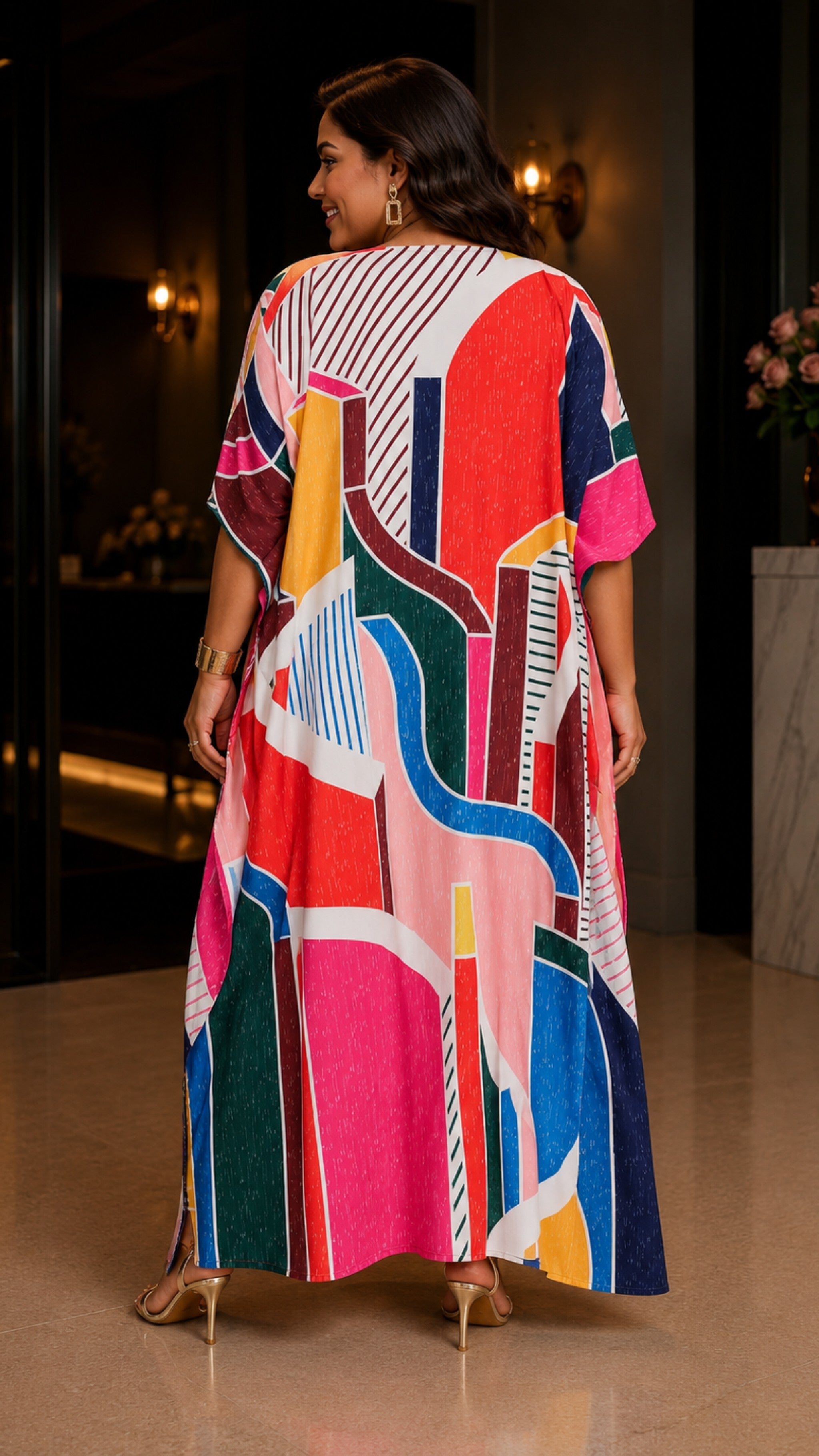 Abstract Print Multicolor Kaftan Dress Lounge Wear One Size fit All S to 3XL