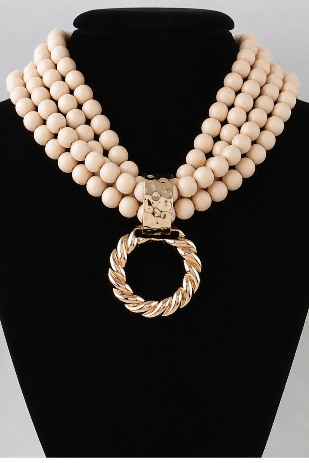 Multi-Strand Wooden Bead Gold Twist Loop Pendant Necklace