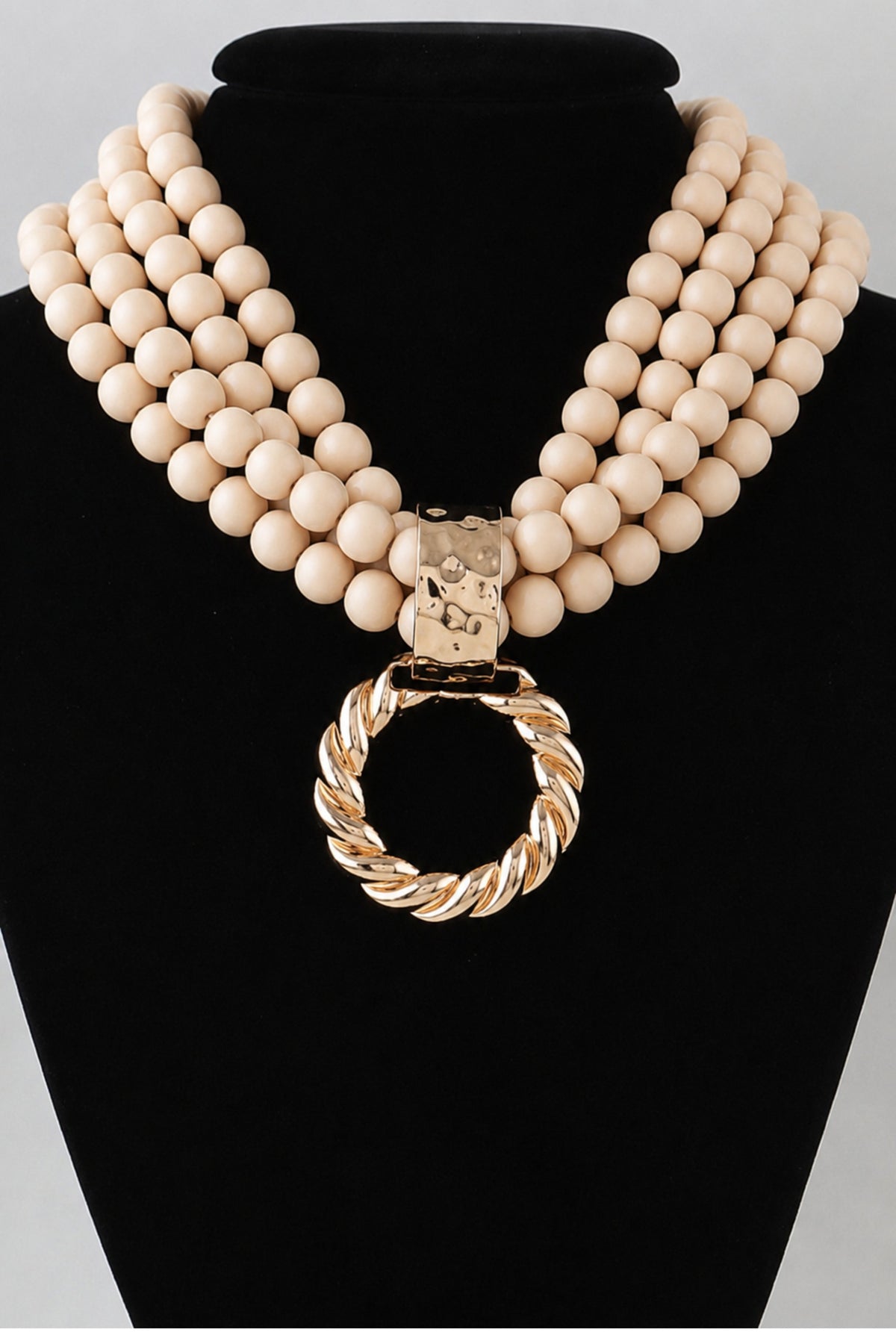 Multi-Strand Wooden Bead Gold Twist Loop Pendant Necklace