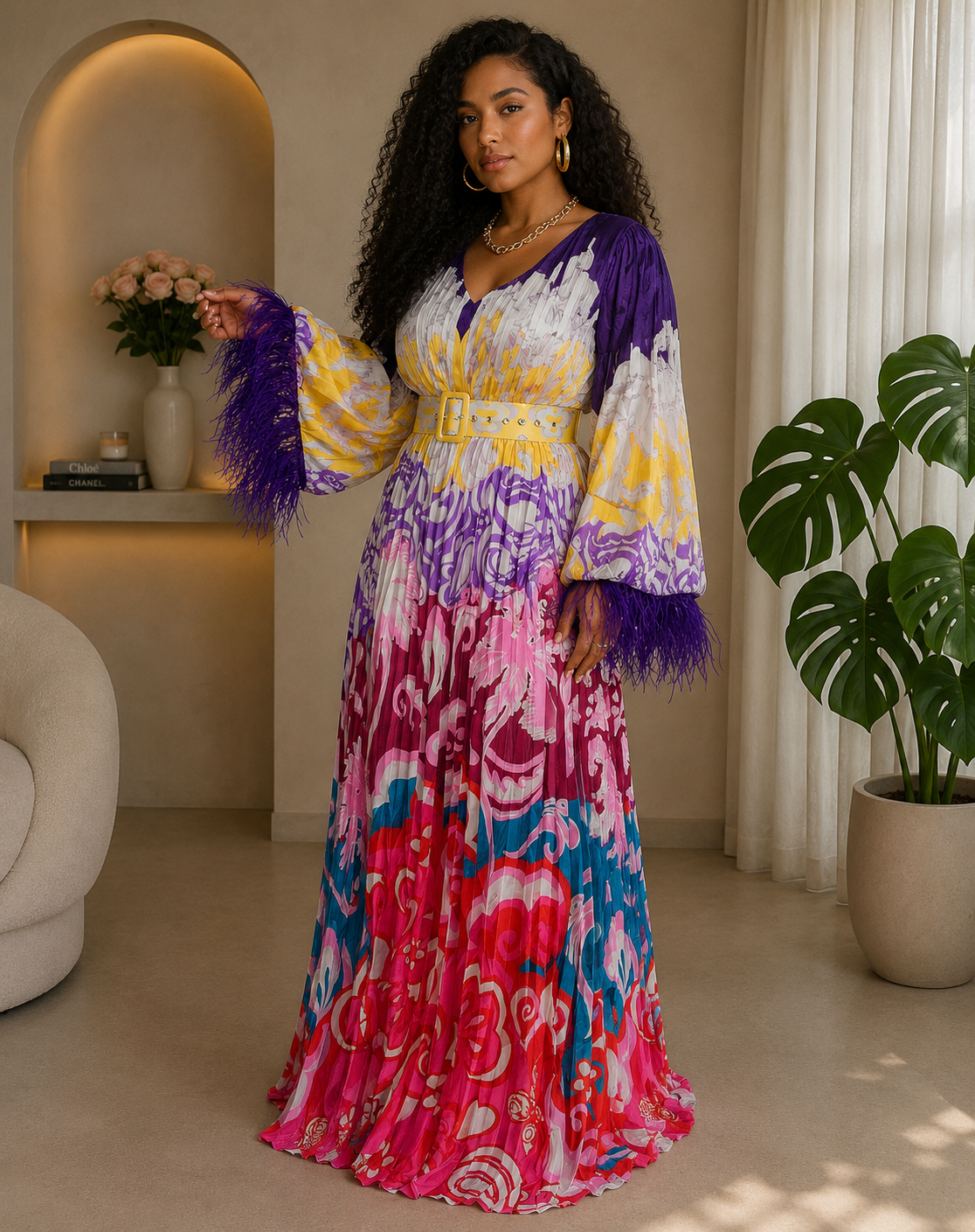 010925 Purple Print Feathers Long Sleeve Maxi Dress