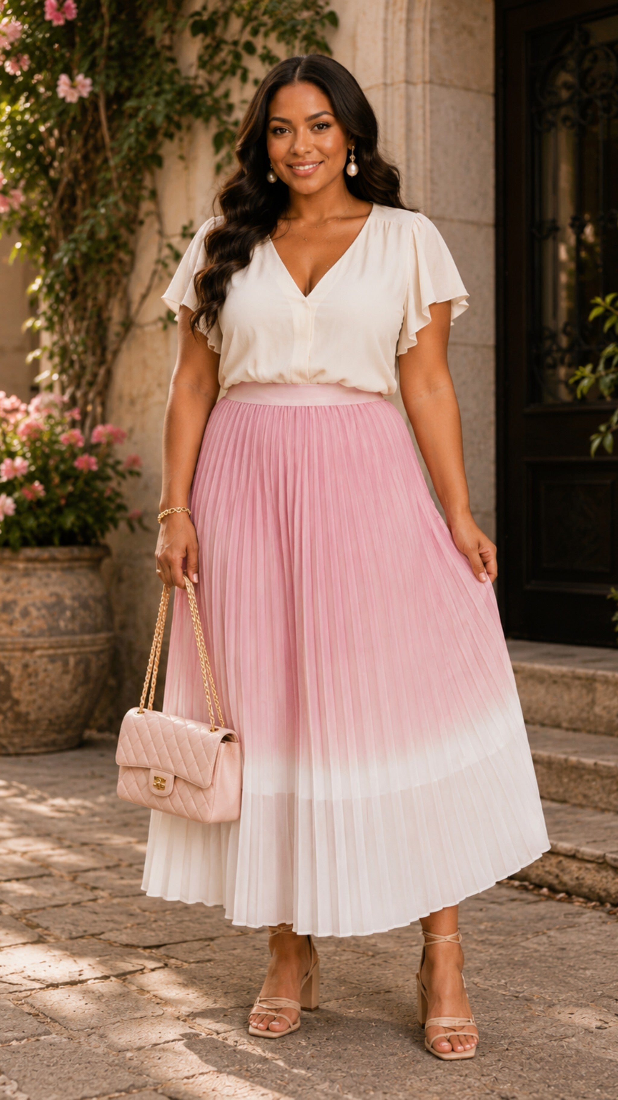 Mauve & White Elastic Waist Pleated Colorblock Skirt