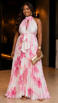 020525 The Pink Tie Dye Pleated Key Hole Open Back Maxi Dress