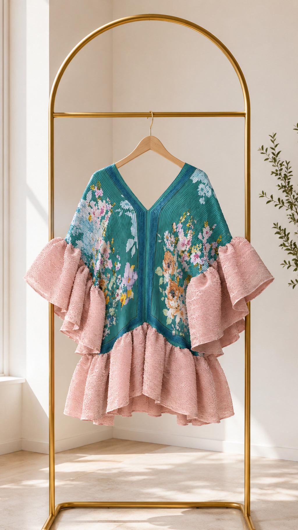 The Teal & Pink Garden Ruffle Pleated Dress/Top One Size fit All