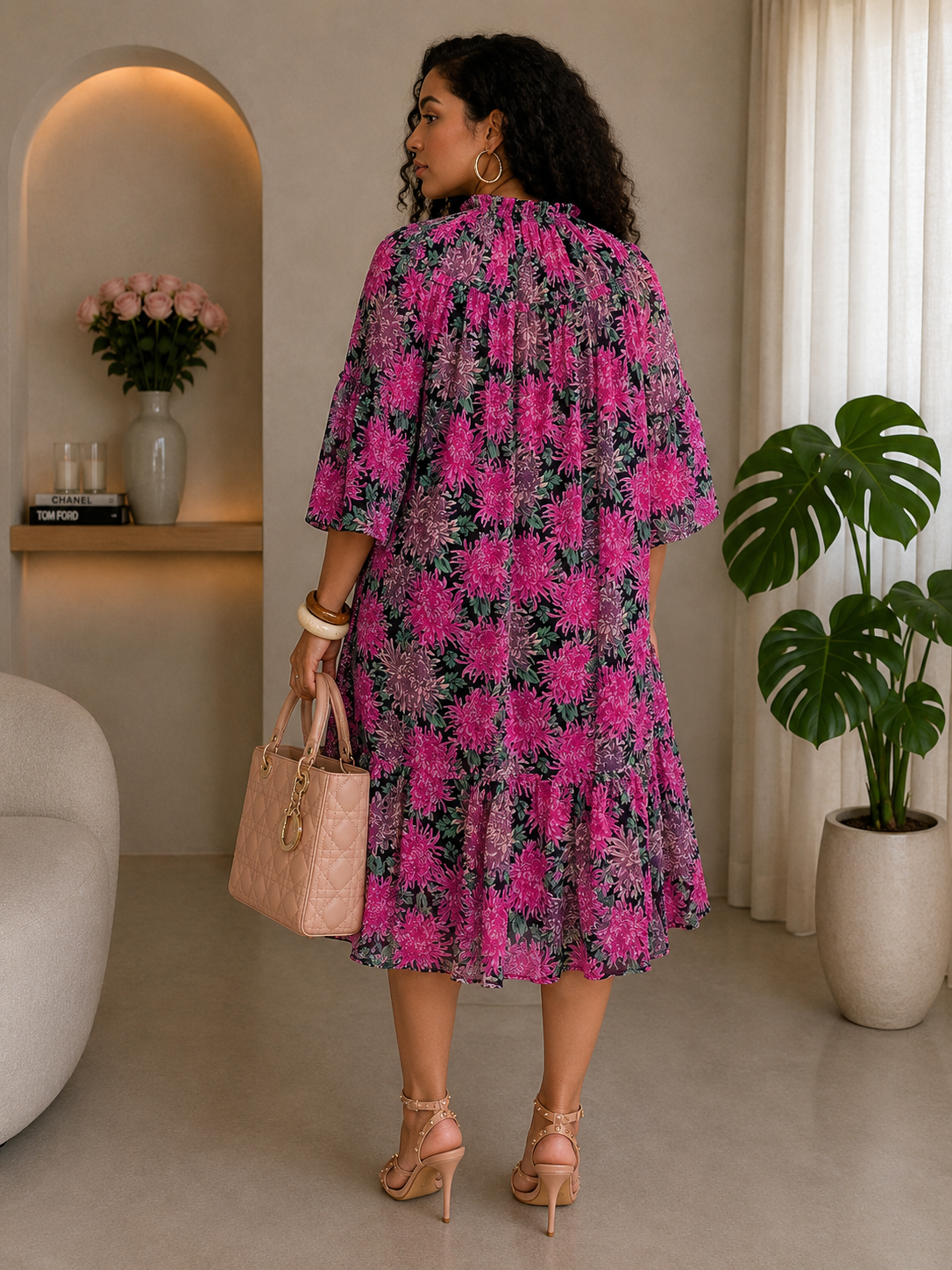 051625 Black Multi Florals Short Sleeve Floral Tunic Mini Dress