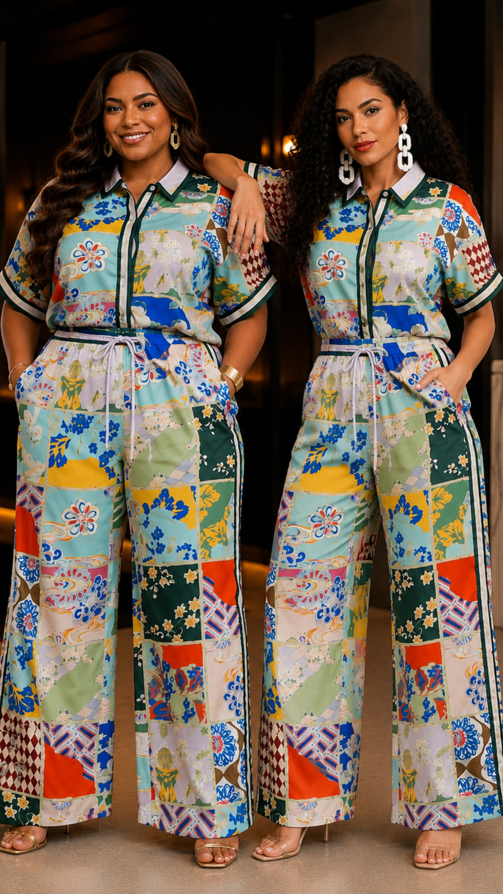 The Green European Patchwork Print Wide Leg Pant Set