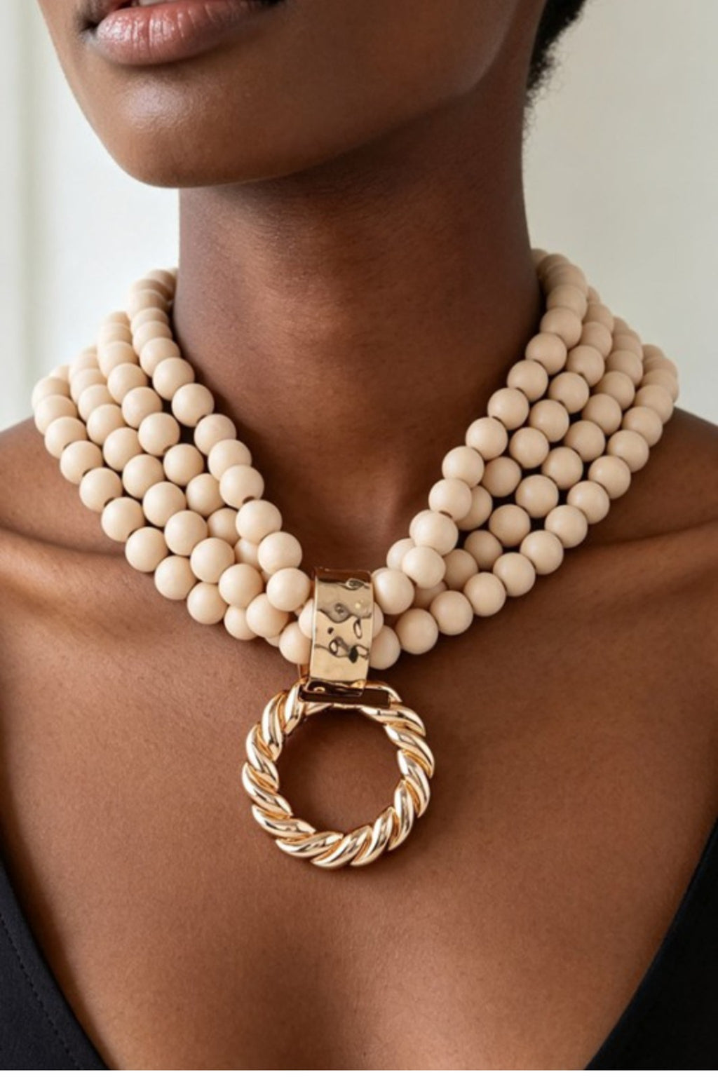 Multi-Strand Wooden Bead Gold Twist Loop Pendant Necklace