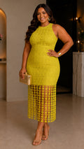 Lime Green Crochet Geometric Pattern Hulter Neck Maxi Fringe Dress