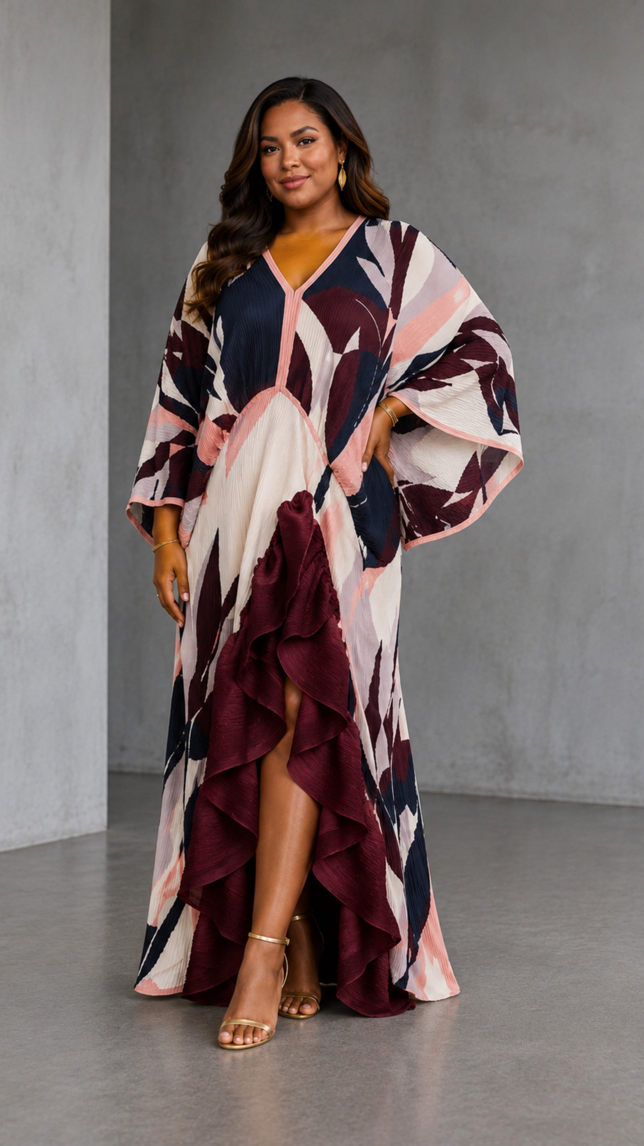Burgundy Abstract Pleated Ruffle Maxi Dress/Top