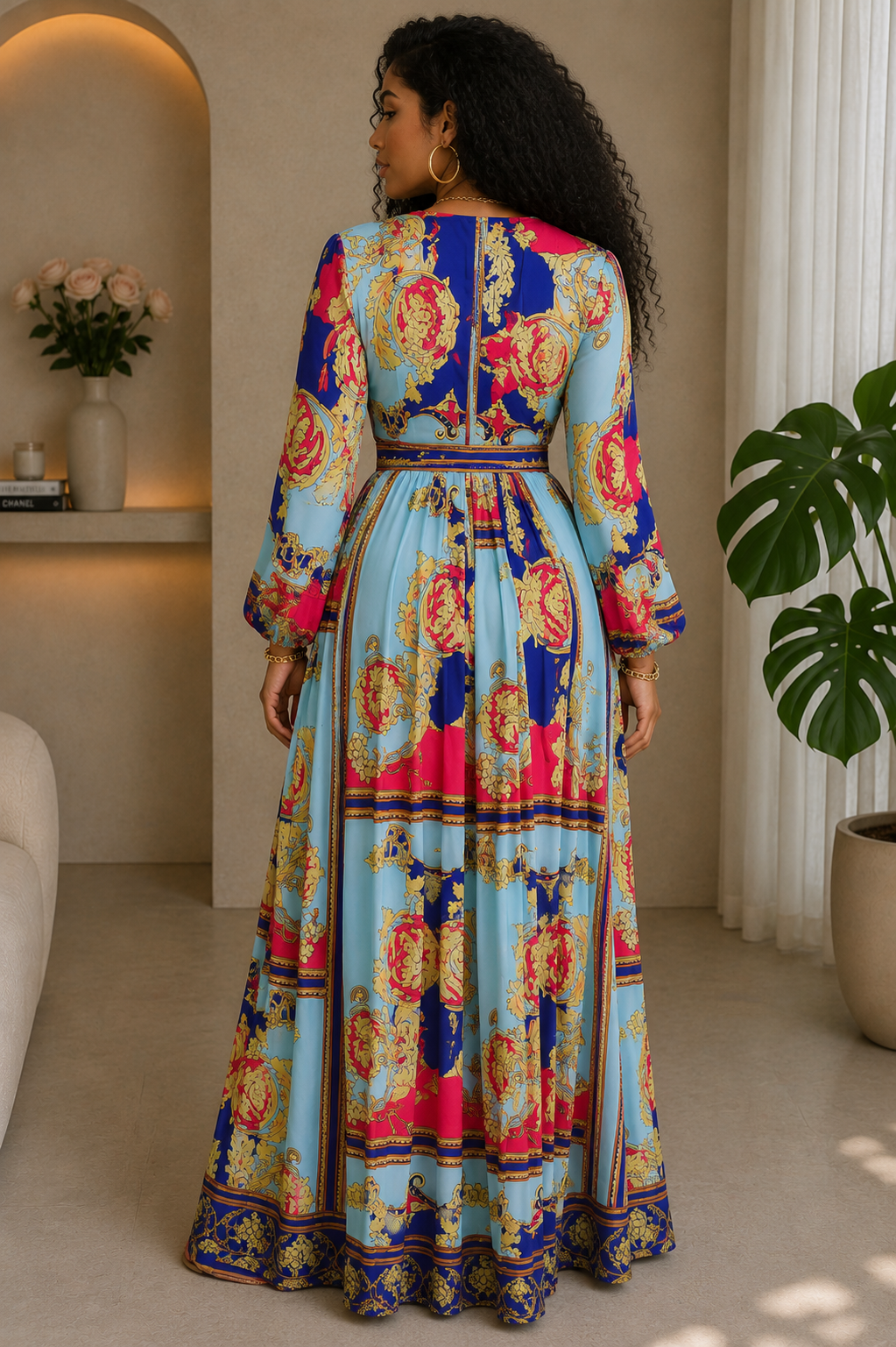 04292022 Pink/Blue Inspired Print Maxi dress