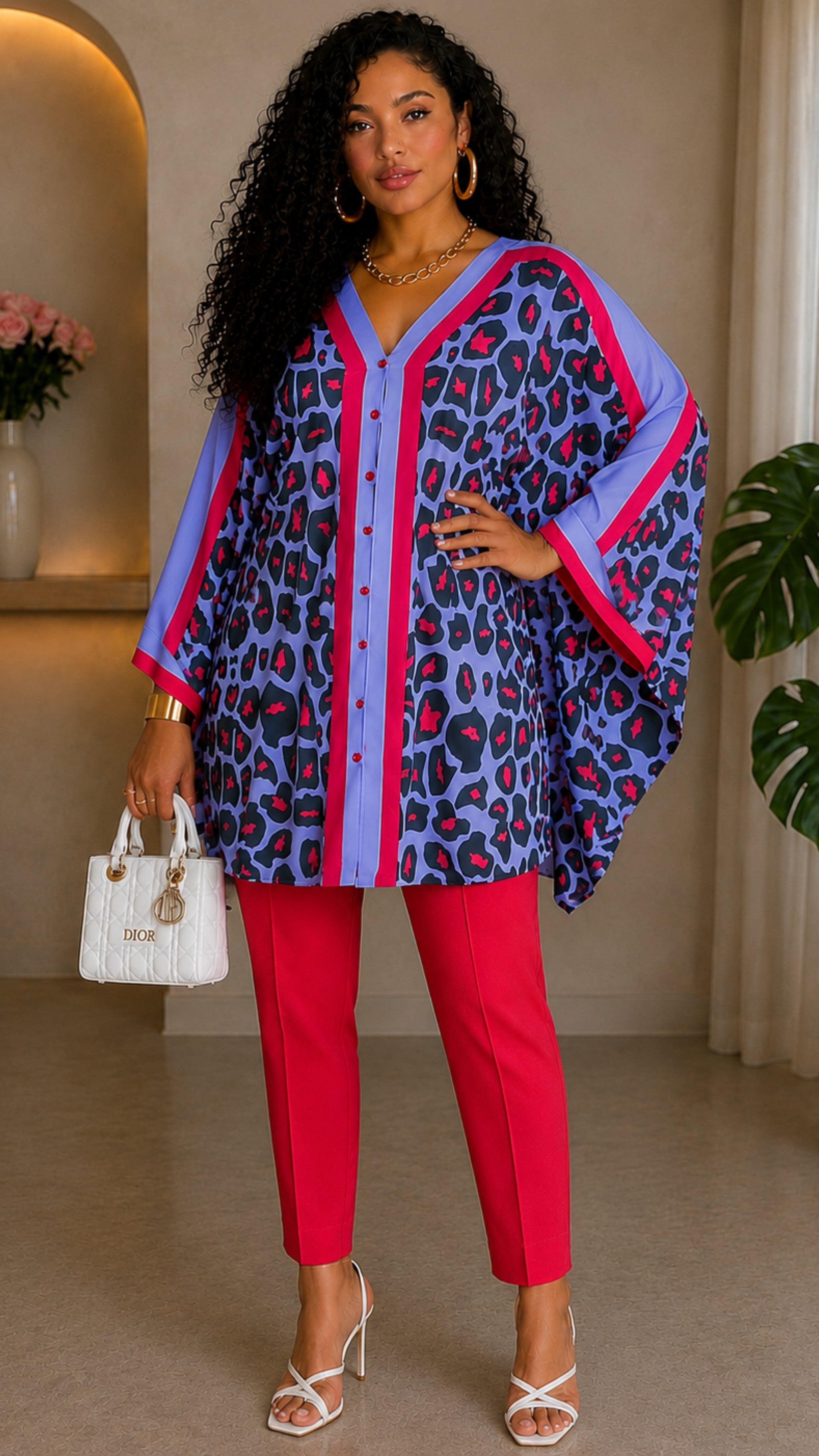 081923 The Light Purple/Red Famous Chic African Print Inspired Duster & Pant Set