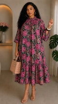 051625 Black Multi Florals Short Sleeve Floral Tunic Mini Dress