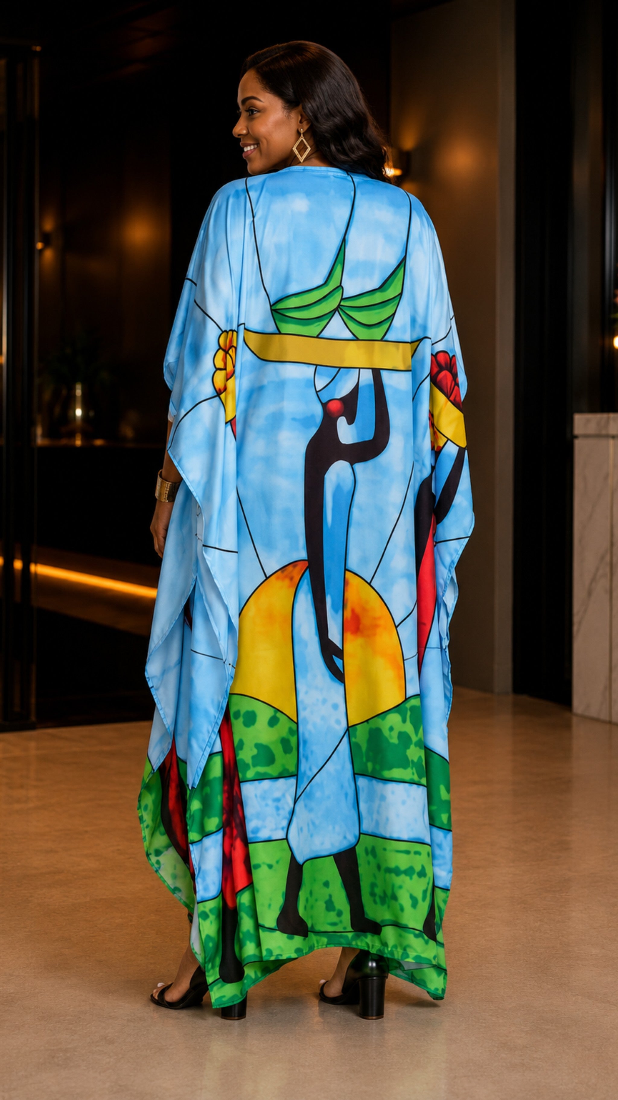 Green/ Blue Tribal Printed Kaftan Dress Lounge Wear One Size fit All S to 3XL