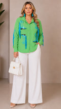 041626 Green With Blue Fringe Plus Size Long Sleeve Sleeve Button Down Sequins Top
