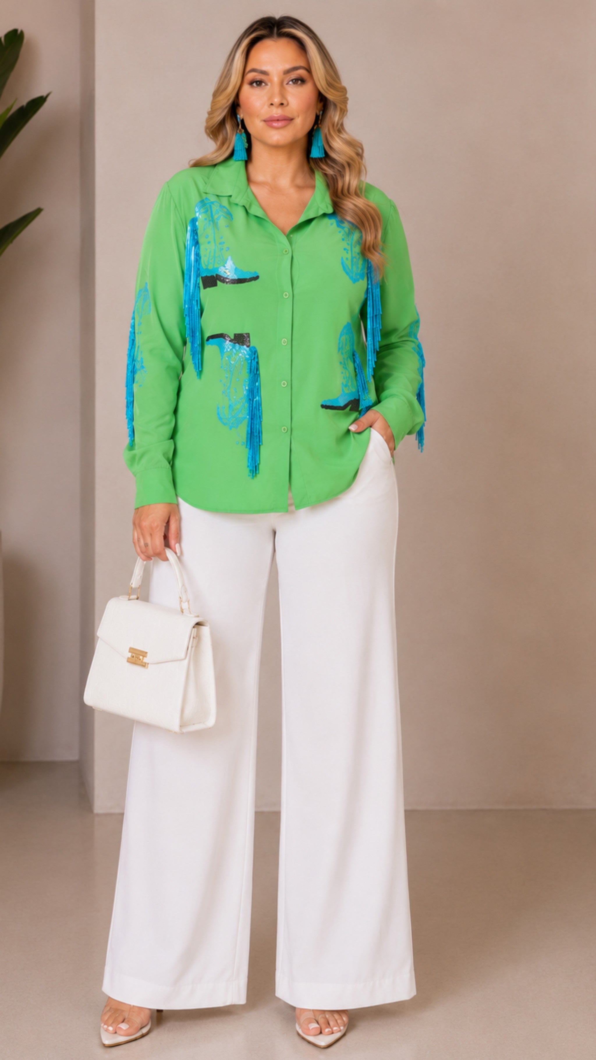 041626 Green With Blue Fringe Plus Size Long Sleeve Sleeve Button Down Sequins Top