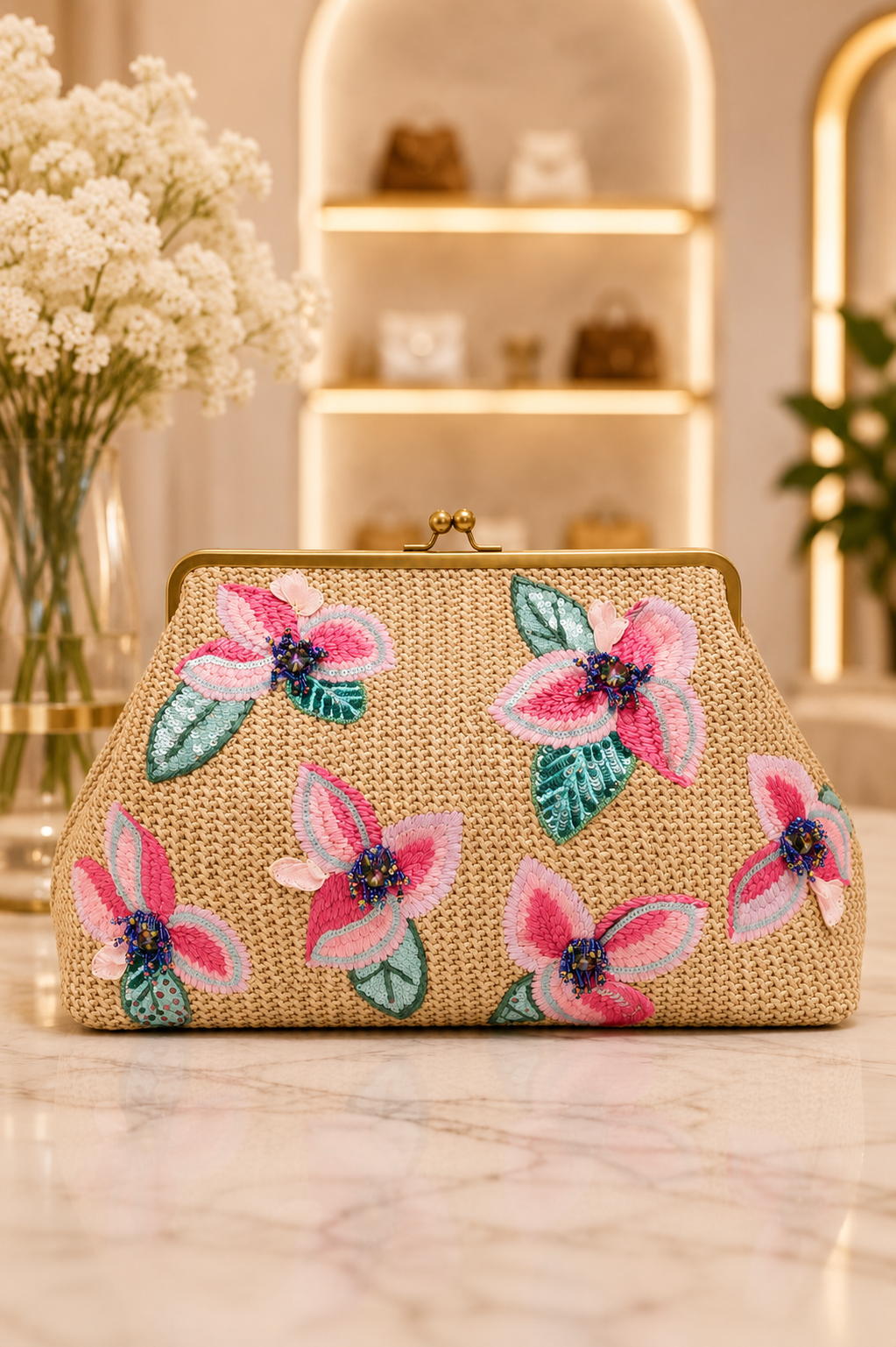 Grace Raffia Oversized Kiss Lock Clutch with Floral Embroidery-Playful Petals