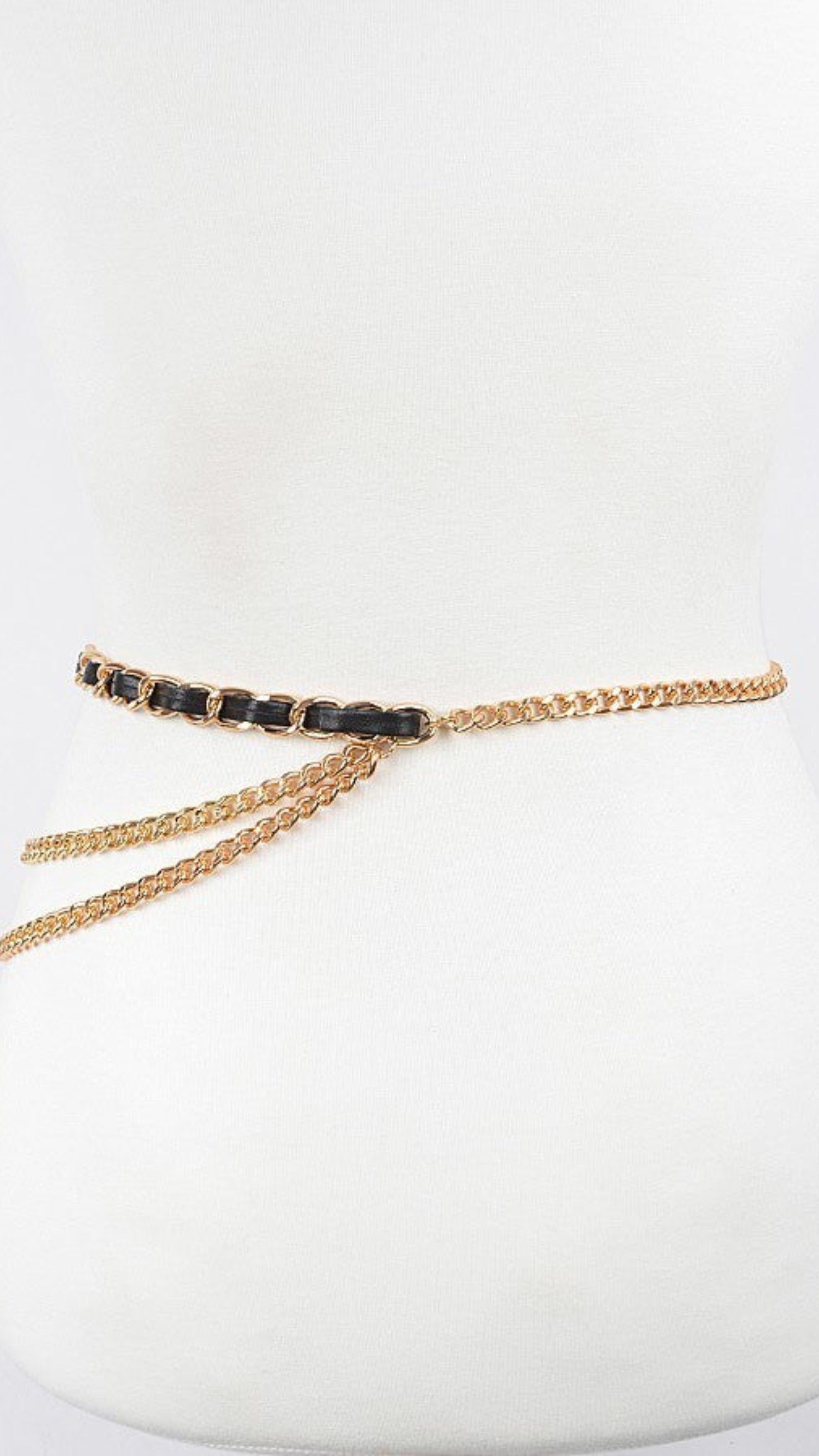 010923 Gold Black Leather Layered Chain Belt