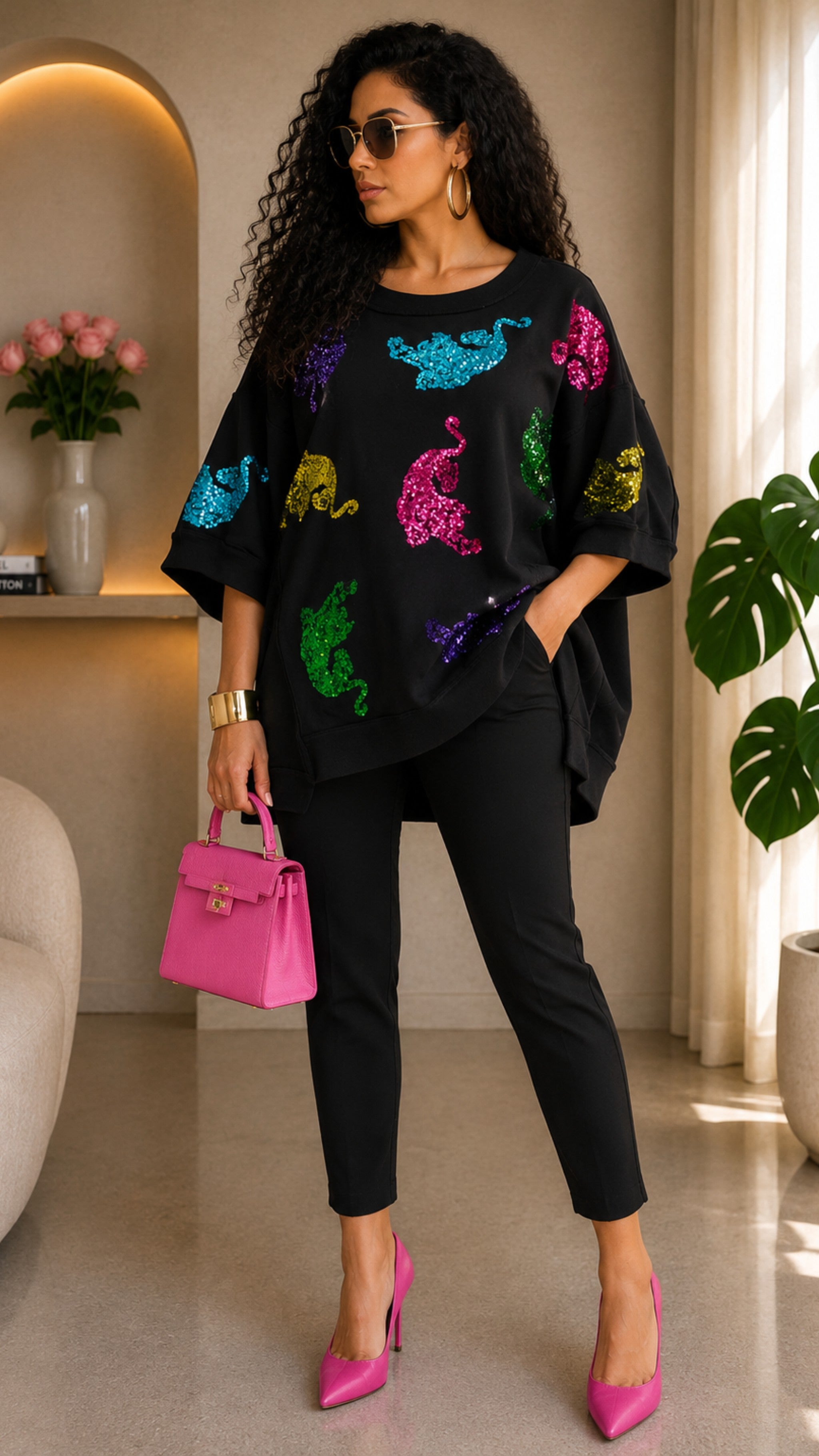 Black High and Low Oversized Sequins T-Shirt