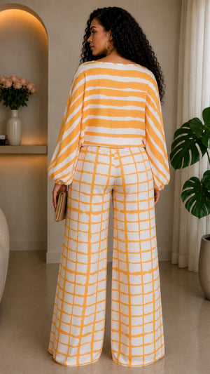 092823 The Mustard Satin Crew Loose Neck Top and High Waist Pant Set