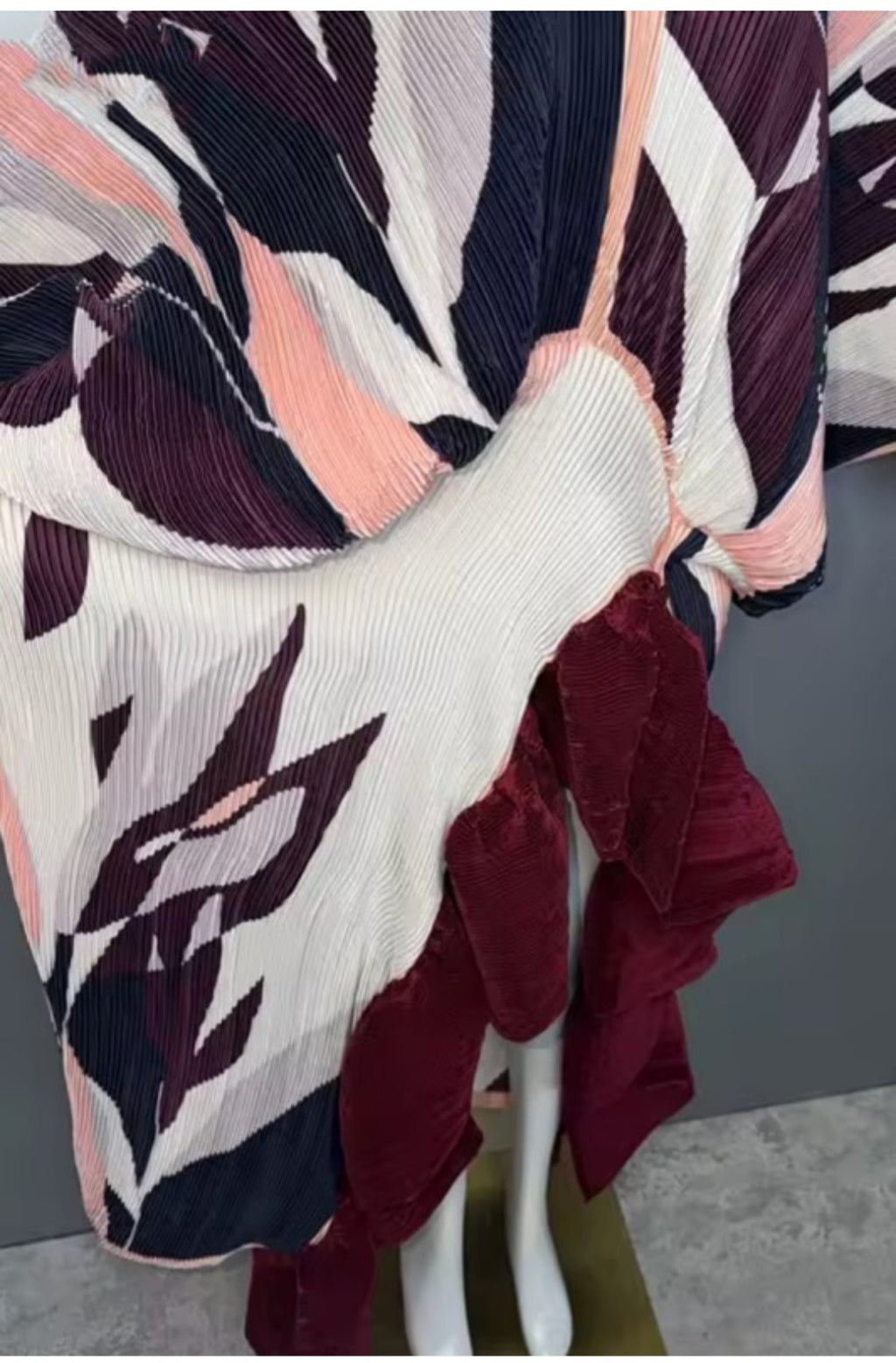 Burgundy Abstract Pleated Ruffle Maxi Dress/Top