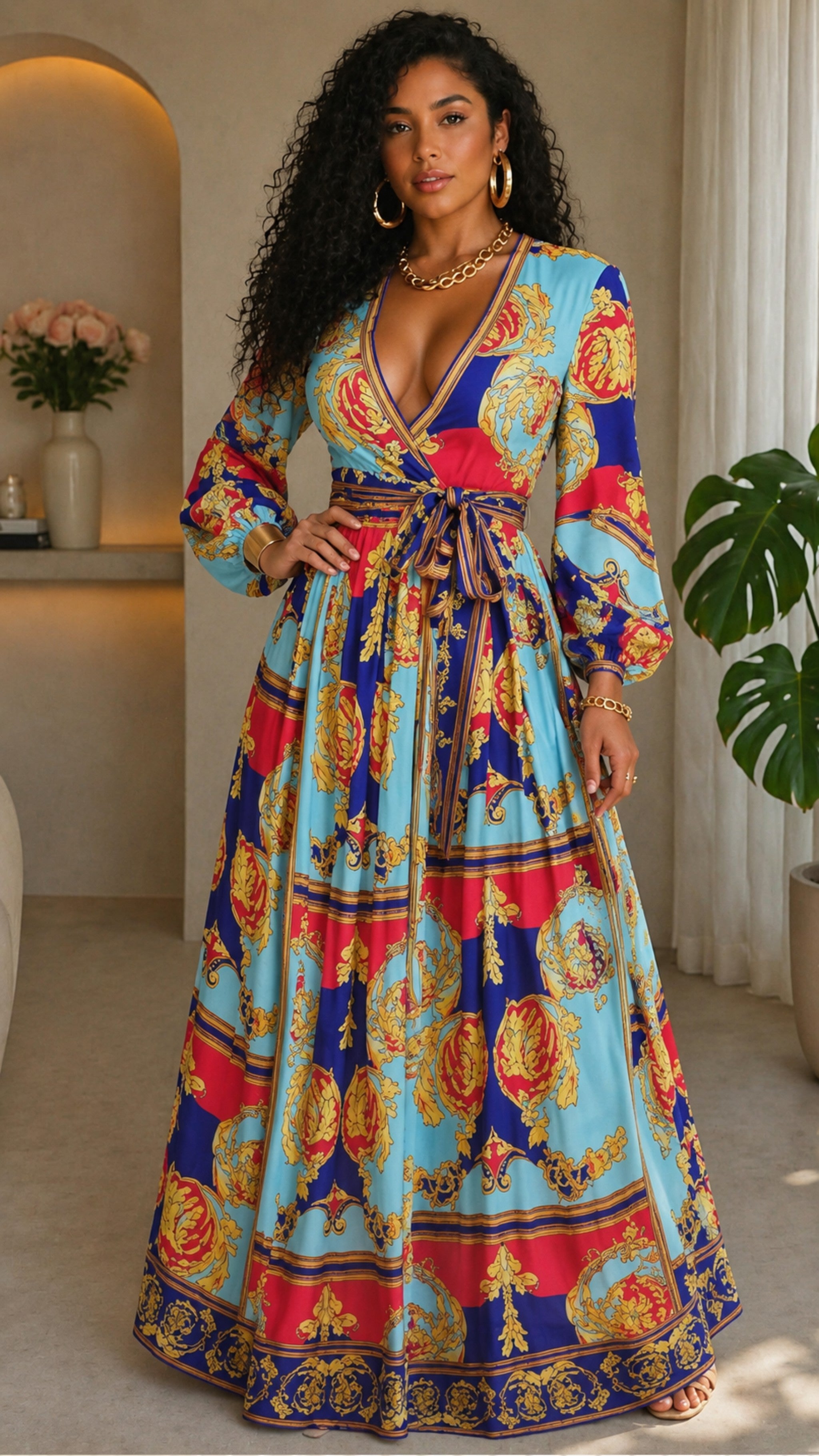 04292022 Pink/Blue Inspired Print Maxi dress