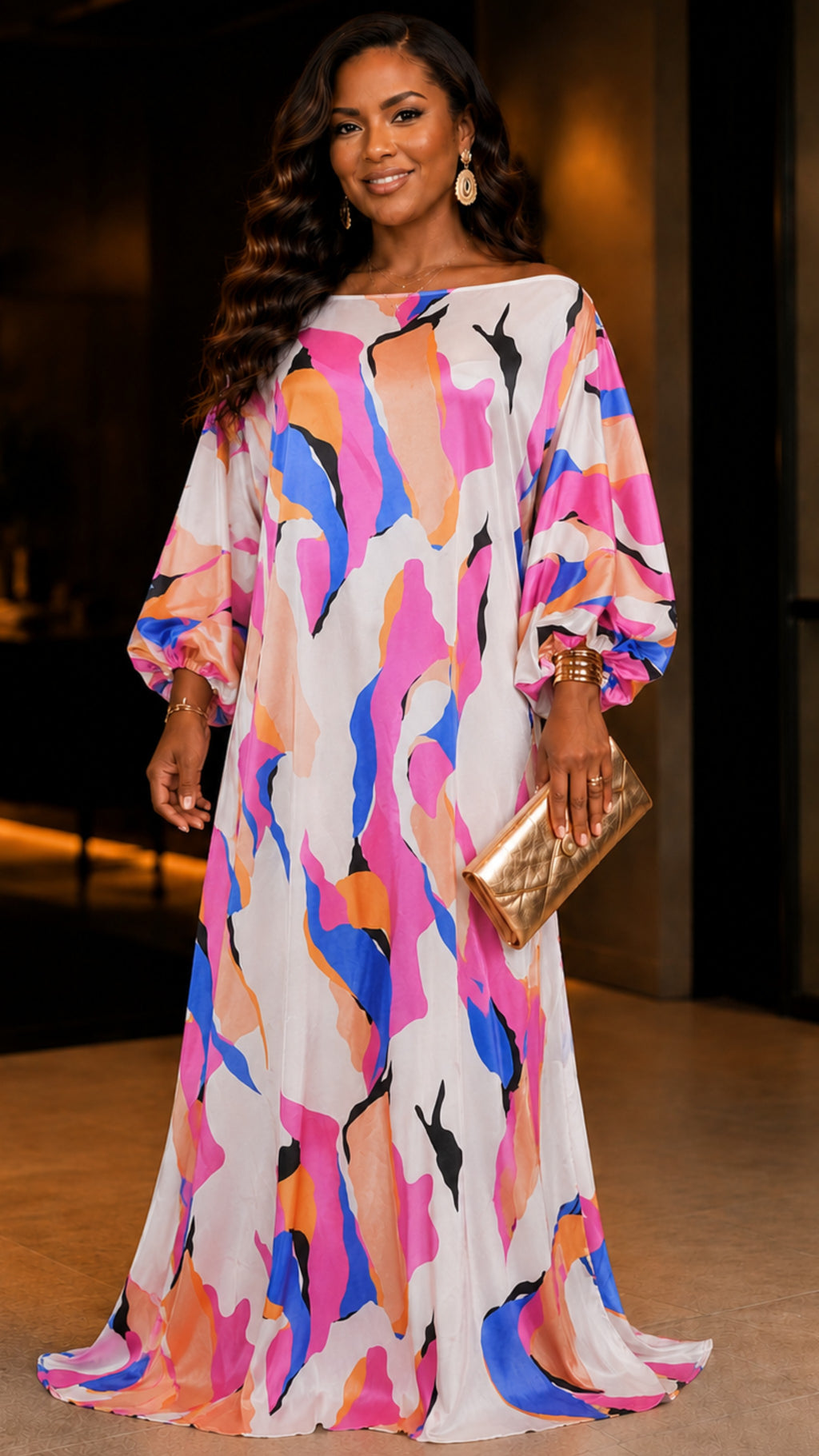032024 The Pink & White Playful Off The Shoulder Caftan/Dress