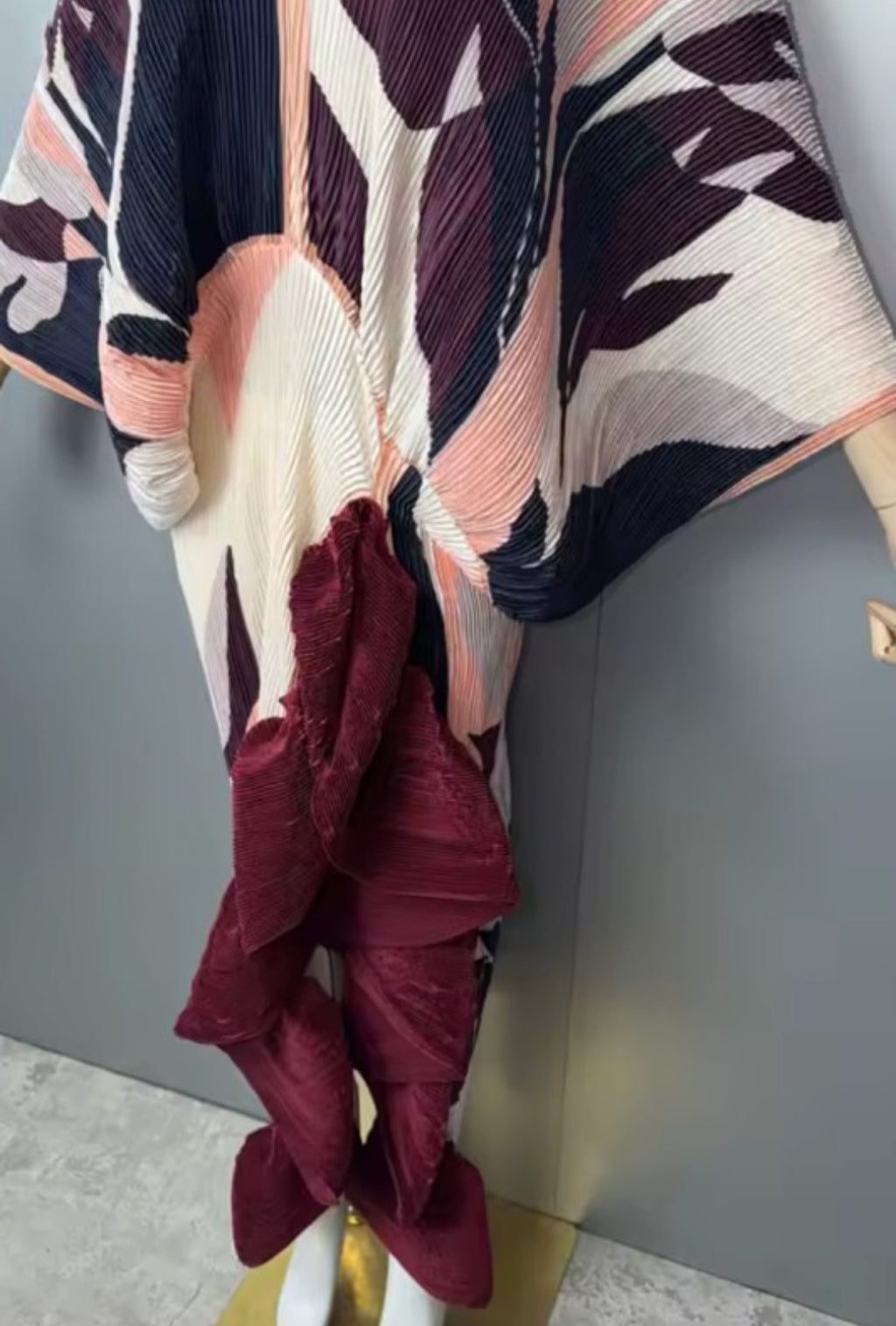 Burgundy Abstract Pleated Ruffle Maxi Dress/Top