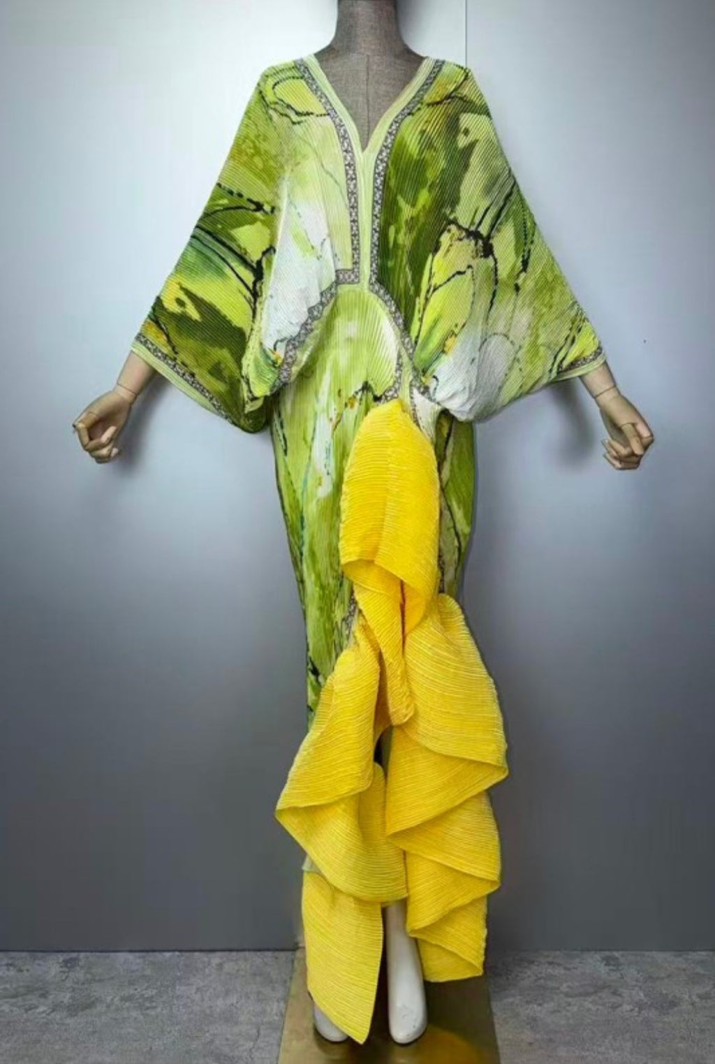 Lime Abstract Pleated Cascade-Ruffle Maxi Dress/Top
