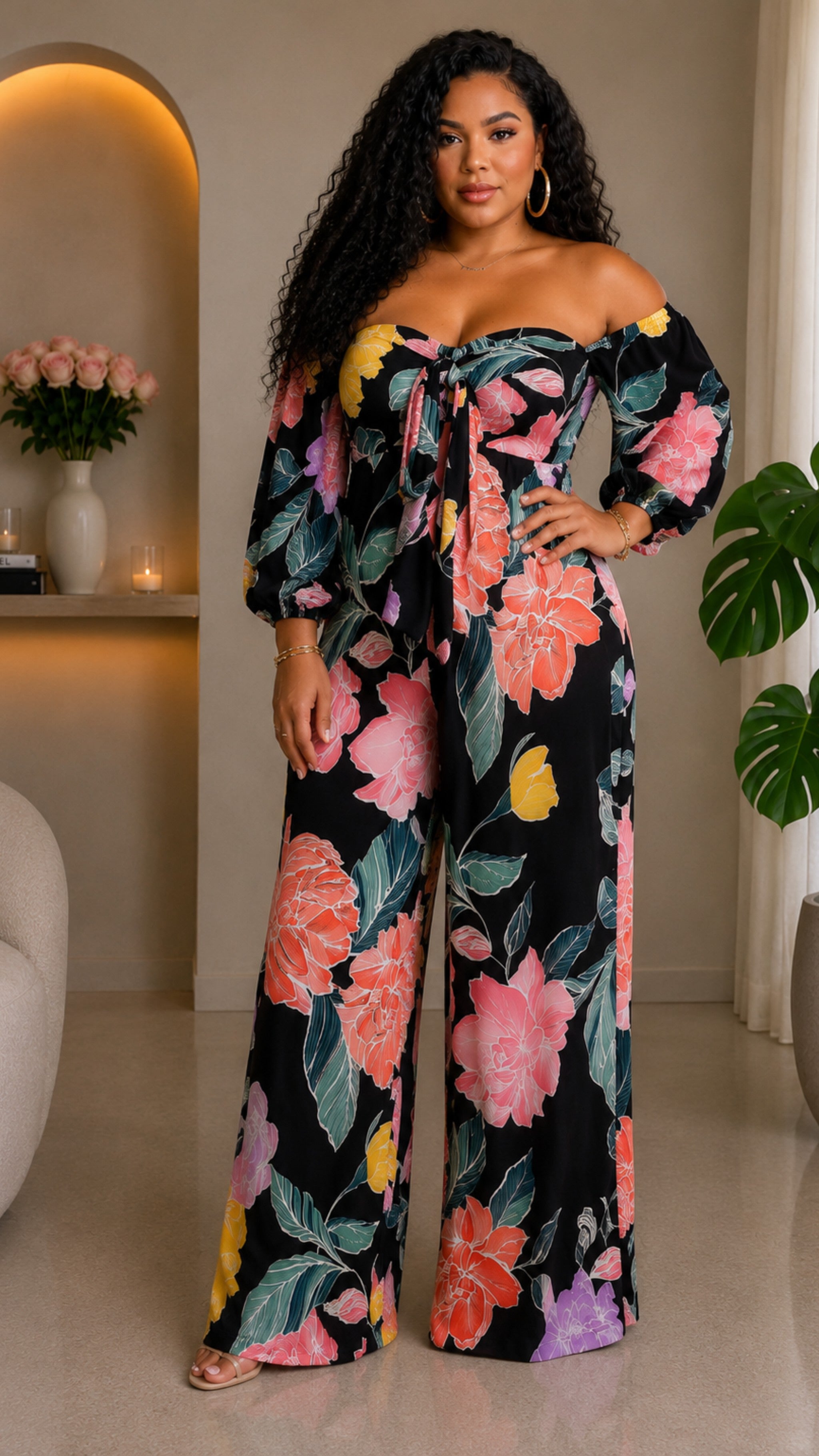 062922 Black/Orange Florals Jumpsuit