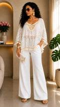 Off White Boho Embroidered White Tassel Poncho Top