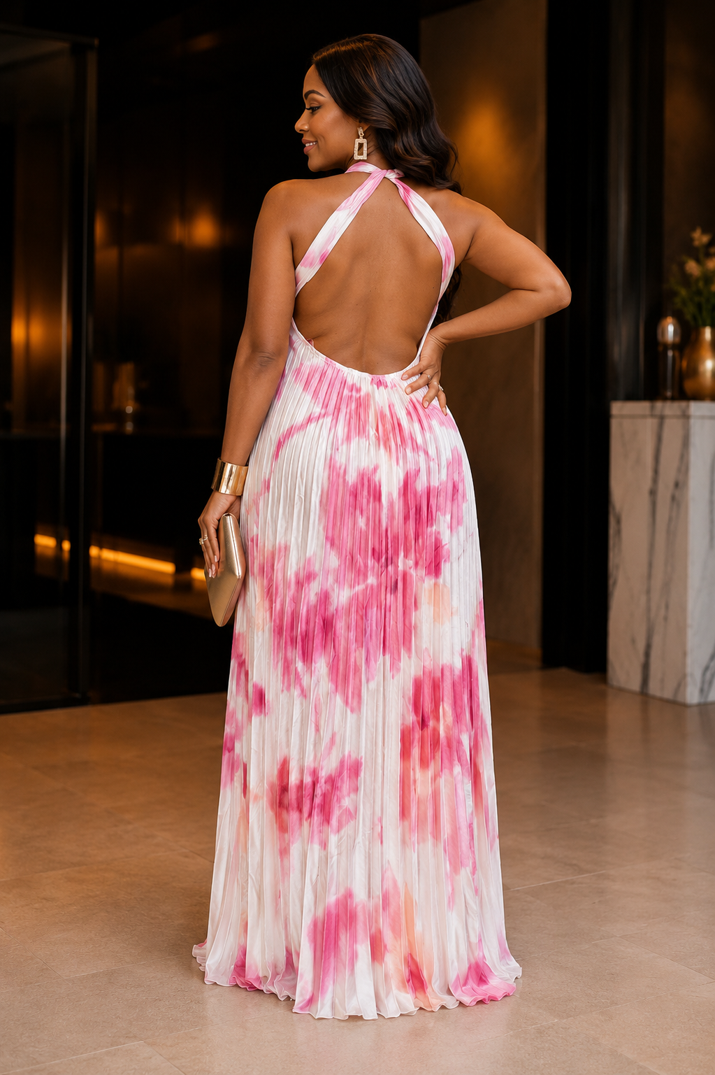 020525 The Pink Tie Dye Pleated Key Hole Open Back Maxi Dress