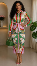 100122 Green Satin Multi Print Midi Dress