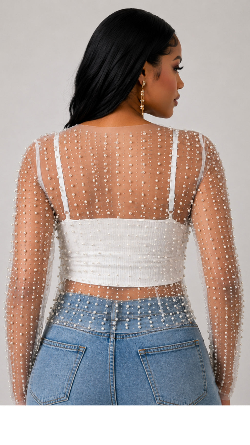 092425 Pearl Rhinestones Sheer Mesh Long Sleeve Top- White