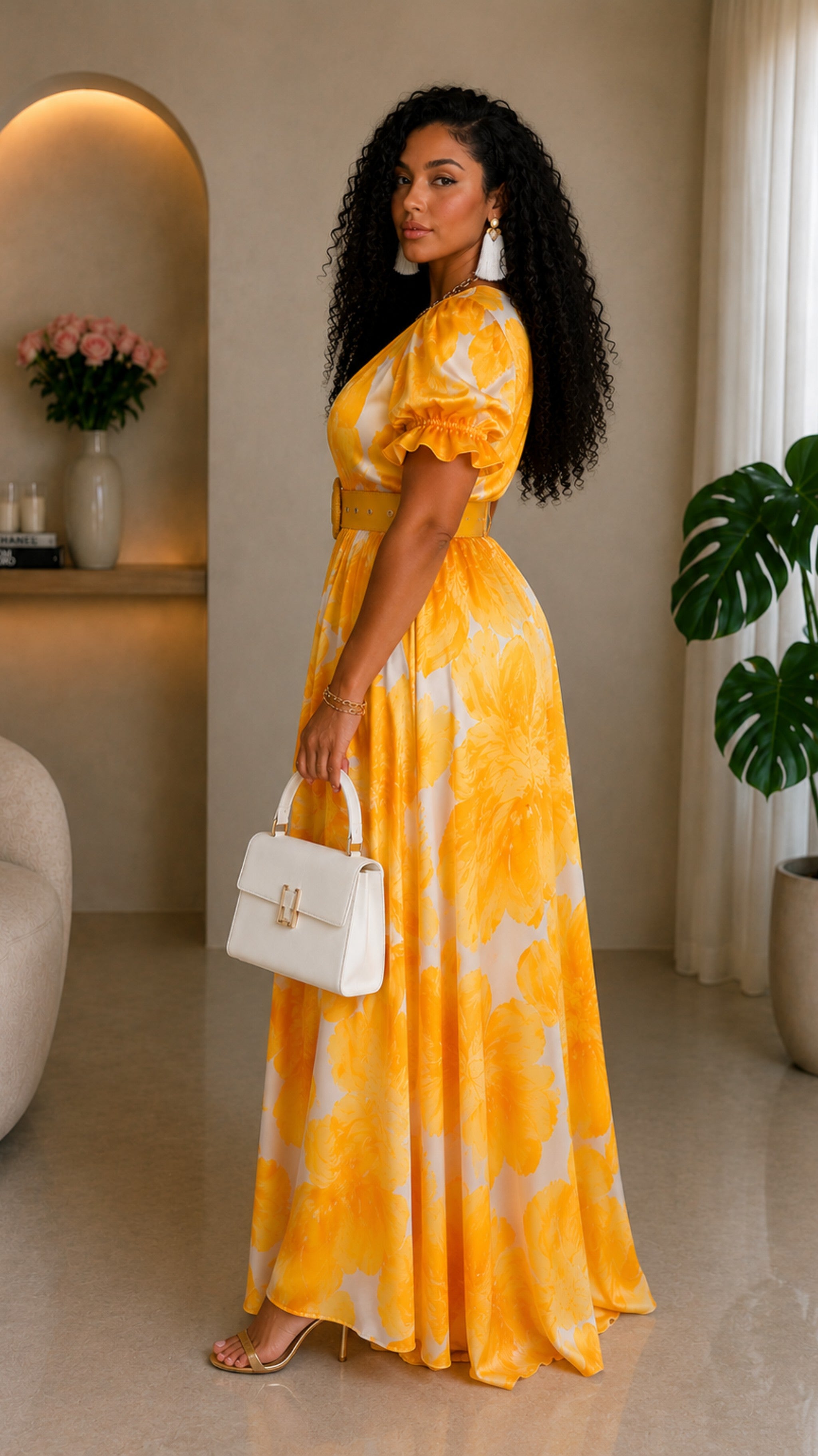 061723 Yellow Floral Puff Sleeve Maxi Dress