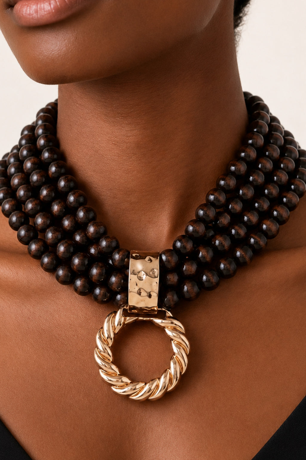 Multi-Strand Wooden Bead Gold Twist Loop Pendant Necklace