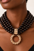 Multi-Strand Wooden Bead Gold Twist Loop Pendant Necklace