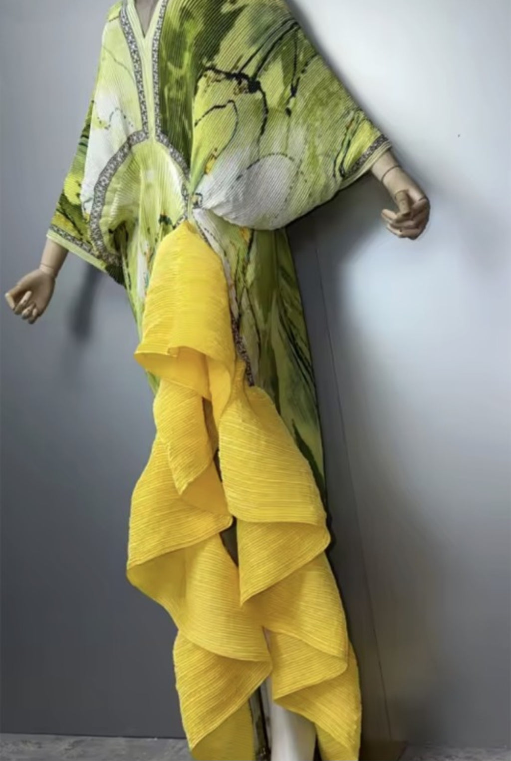 Lime Abstract Pleated Cascade-Ruffle Maxi Dress/Top