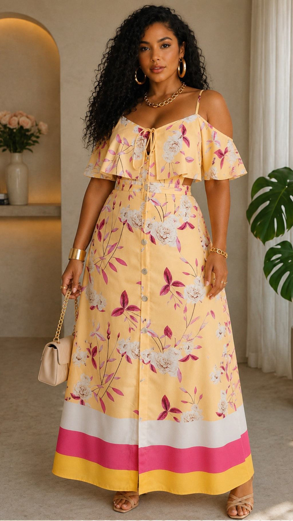 050125 The Yellow & Pink  Florals Print Maxi Skirt with Crop Top