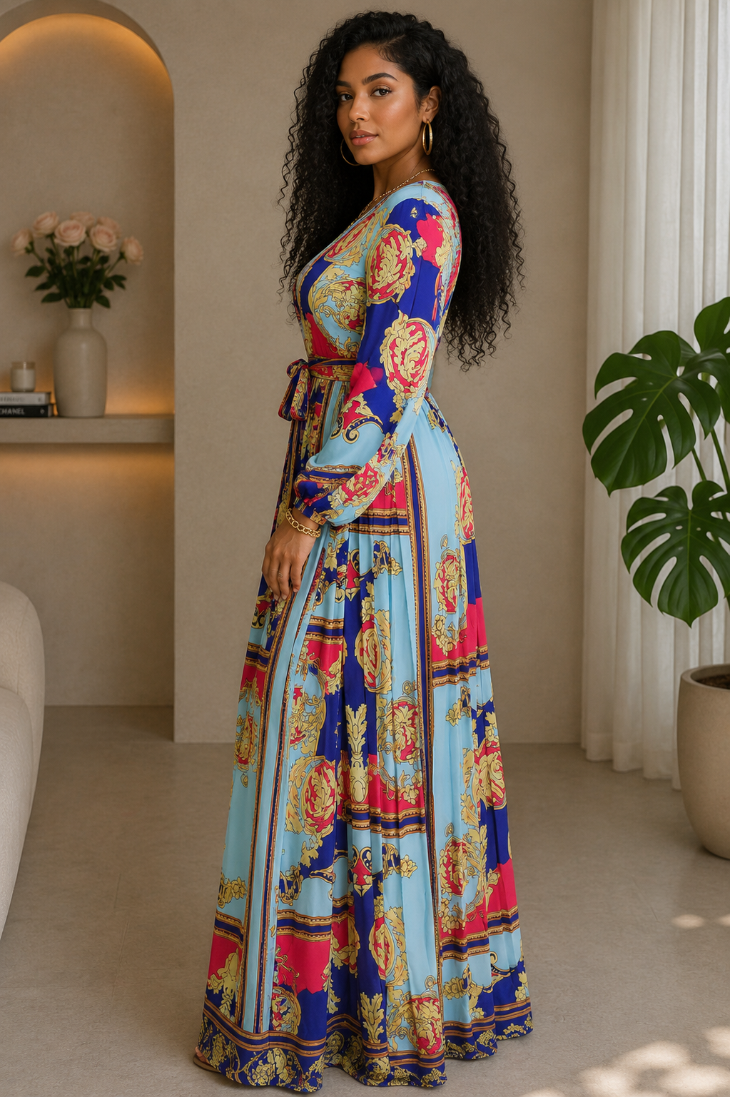04292022 Pink/Blue Inspired Print Maxi dress