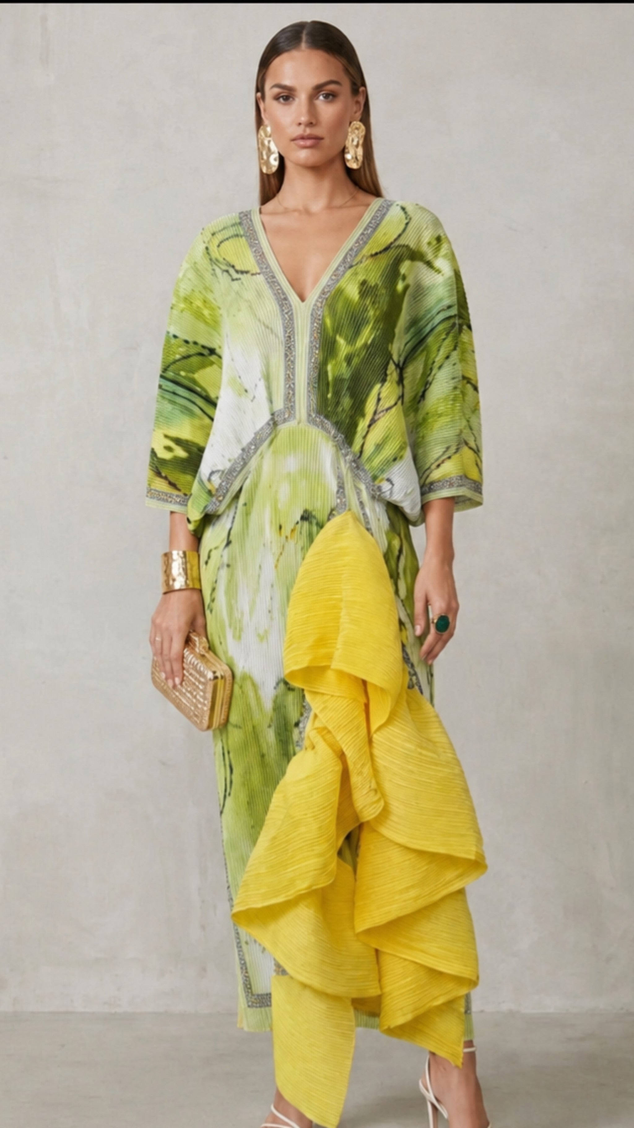 Lime Abstract Pleated Cascade-Ruffle Maxi Dress/Top